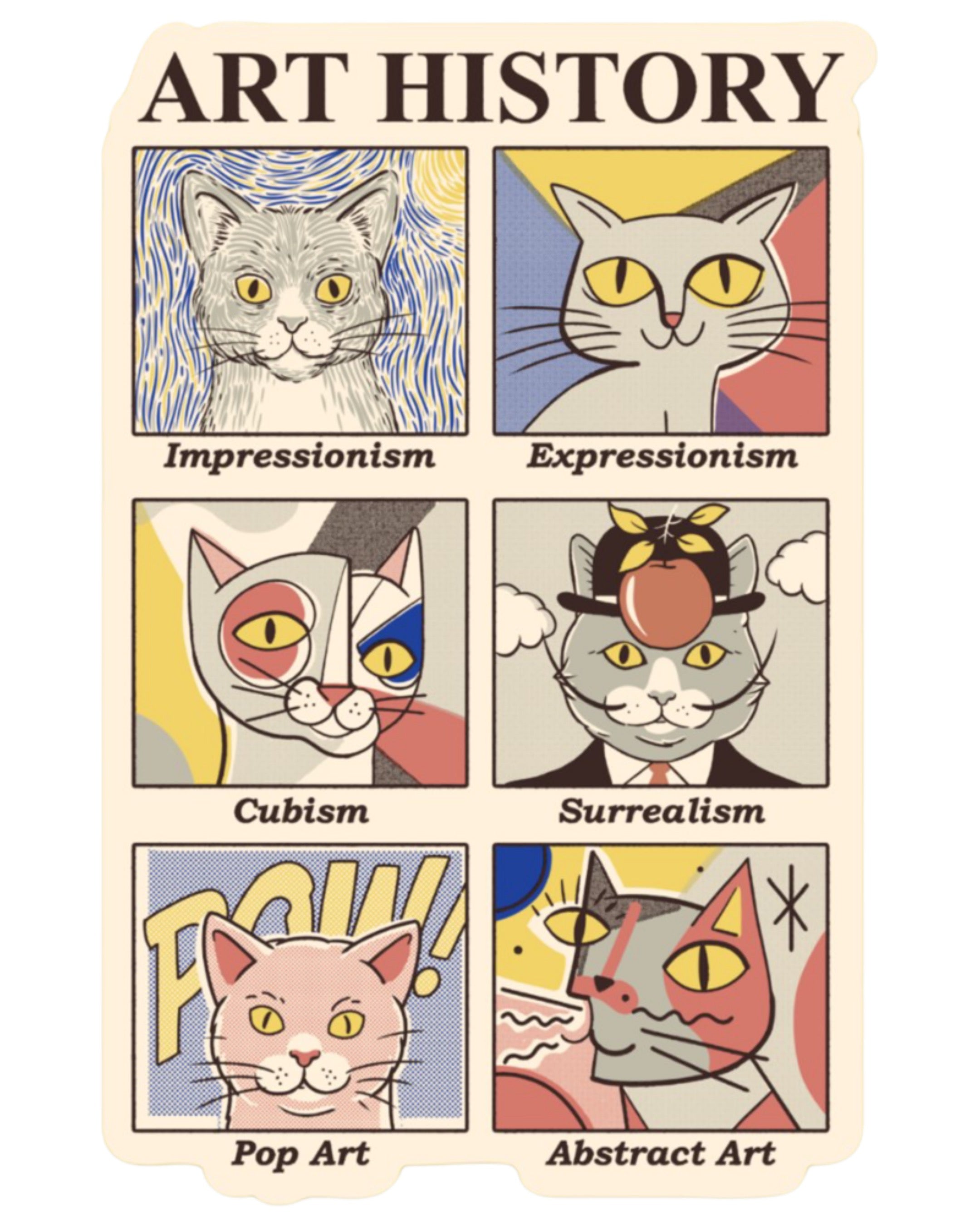 Artistic cat sticker featuring Expressionism, Cubism, Pop Art, and more