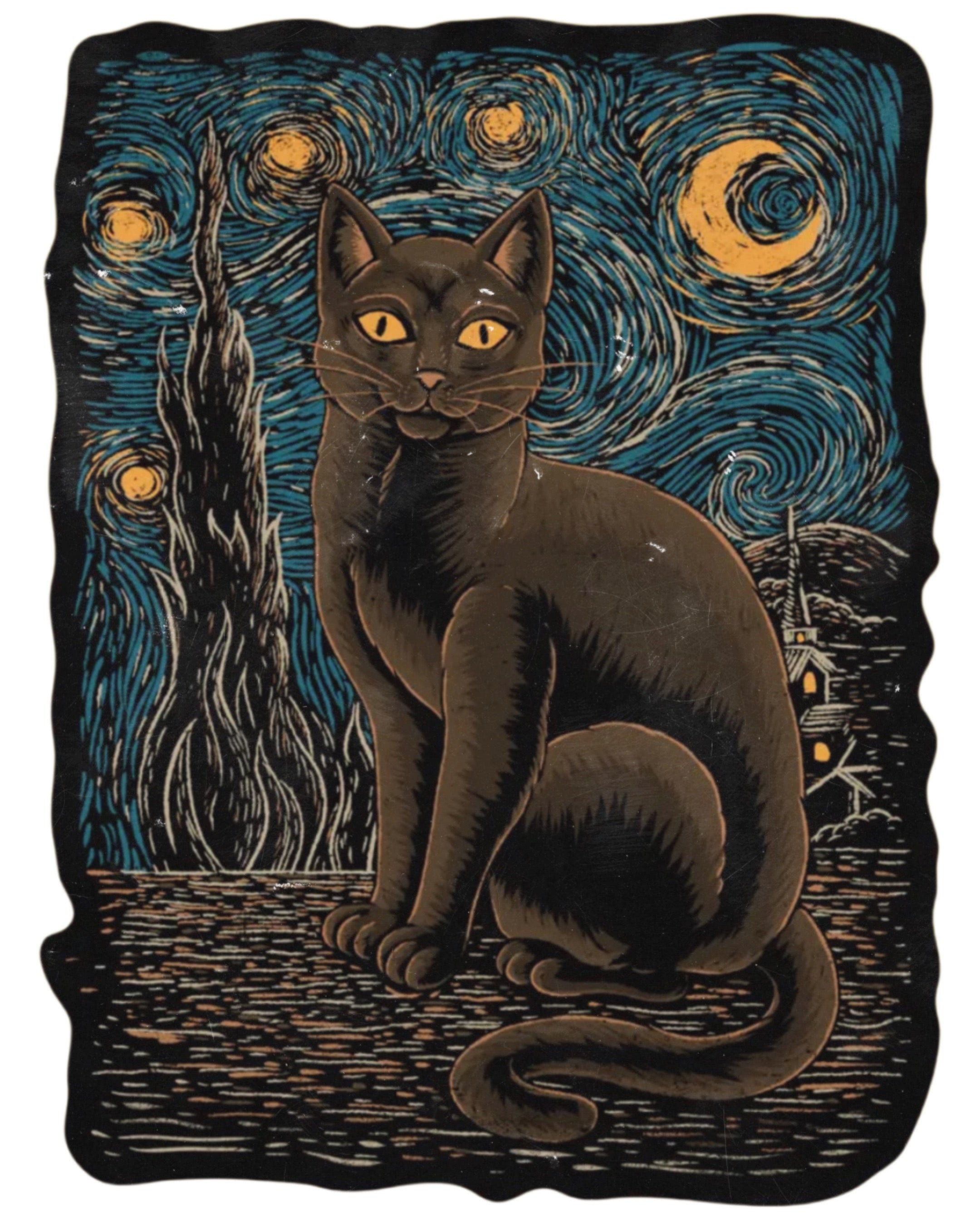 Black cat under a starry night sky vinyl sticker