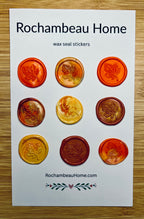 9 pack card of orange Falling for You Maple Leaf Wax Seal Stickers on a Rochambeau Home display card