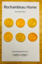 Set of six yellow Gobble & Glow wax seal stickers on a white card with 'Rochambeau Home' branding.