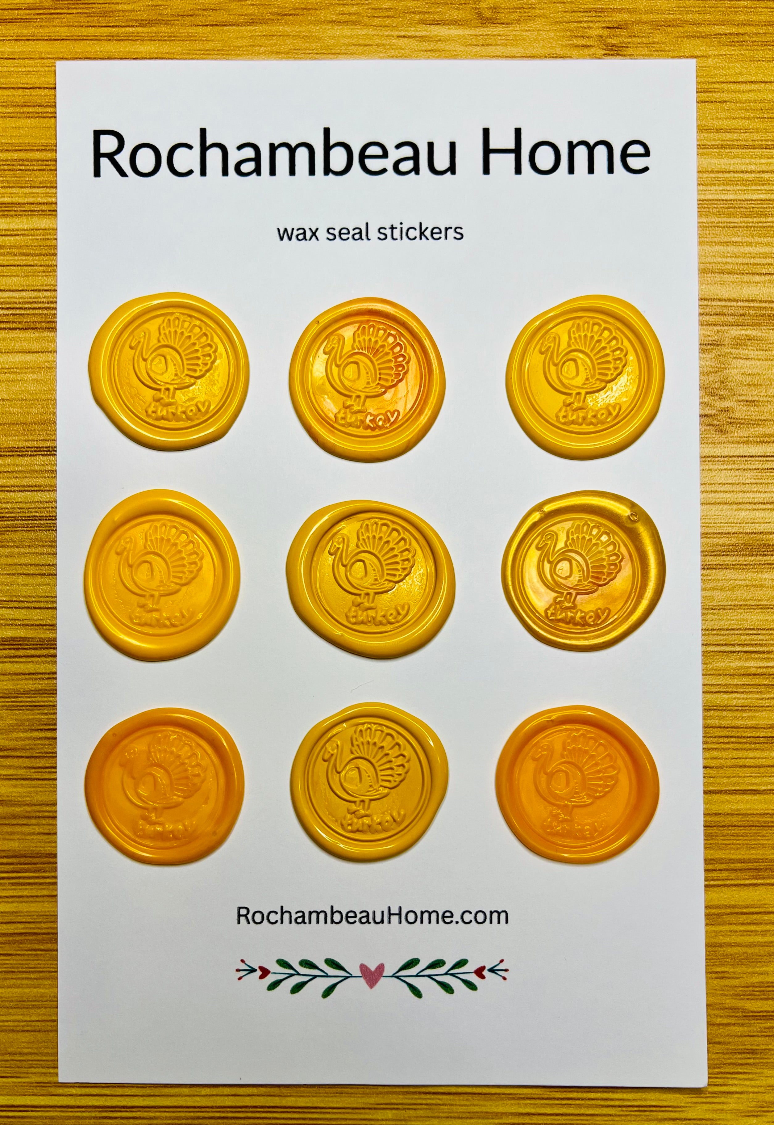 9 pack card of yellow Gobble & Glow wax seal stickers on a Rochambeau Home display card