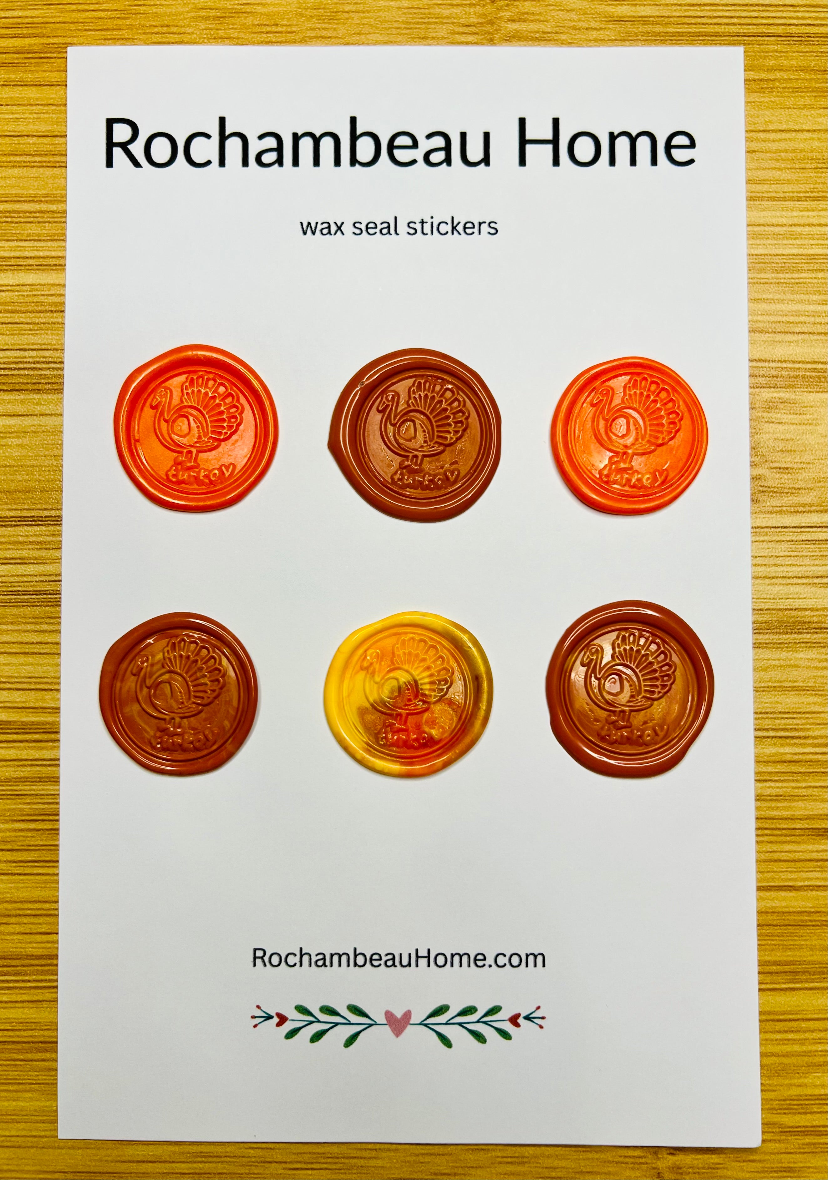 6 pack card of Gobble & Glow wax seal stickers on a Rochambeau Home display card