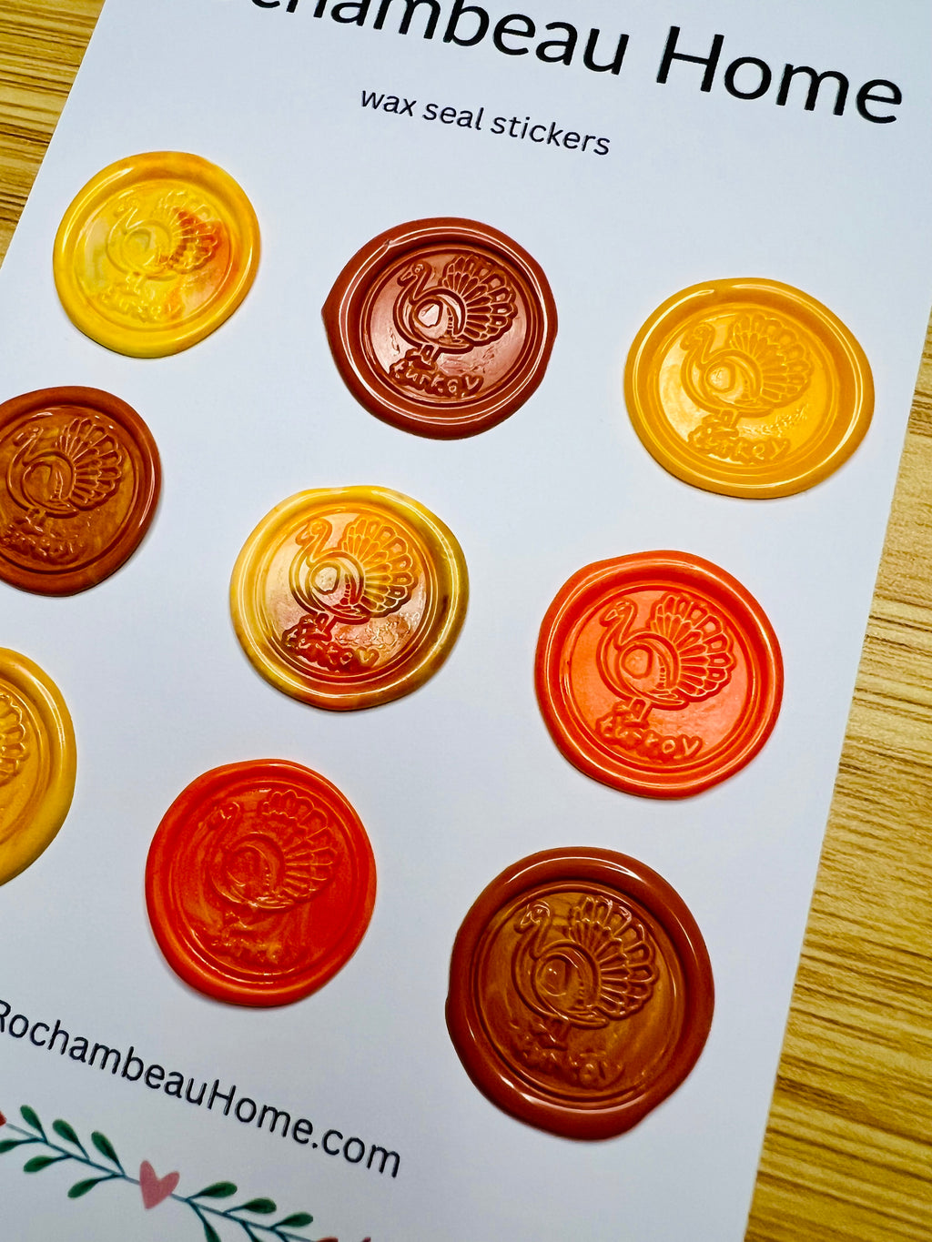 Gobble & Glow wax seal stickers by Rochambeau Home on a white card with brand name.