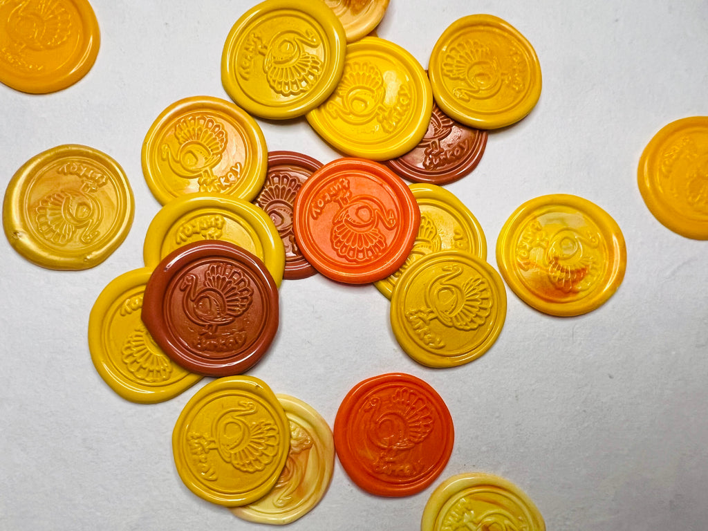 Gobble & Glow wax seal stickers embossed with "Turkey" for the perfect Fall stationery accessory 