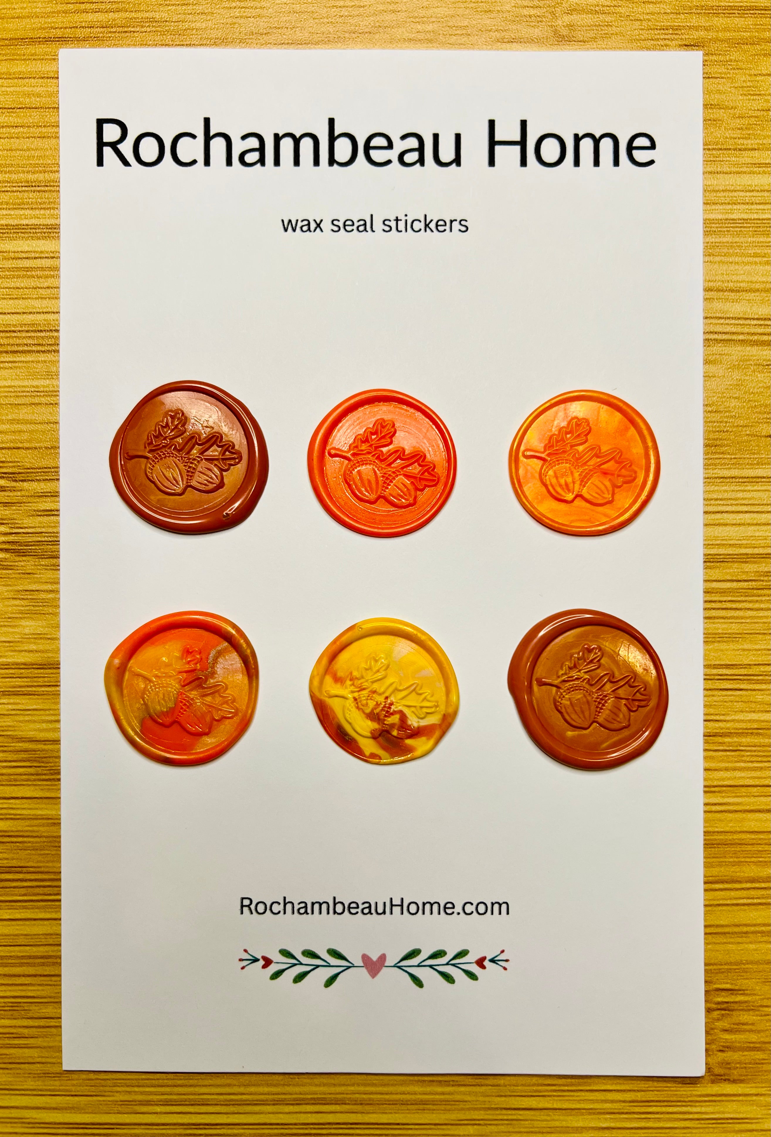 6 pack card of Golden Harvest Oak Leaf & Acorn Wax Seal Stickers on a Rochambeau display card