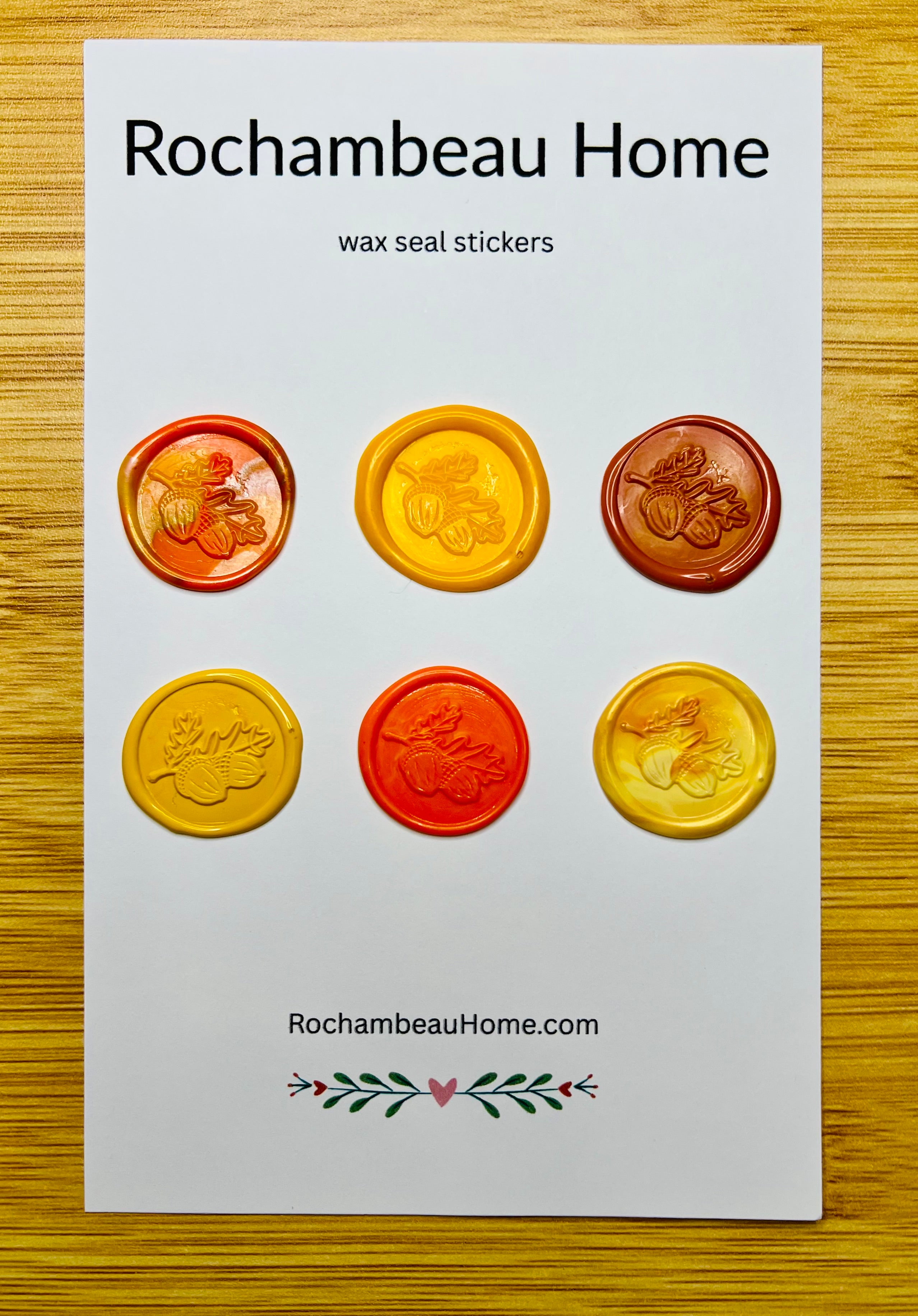 Close up view of the Rochambeau Home Golden Harvest Oak Leaf & Acorn Wax Seal Stickers