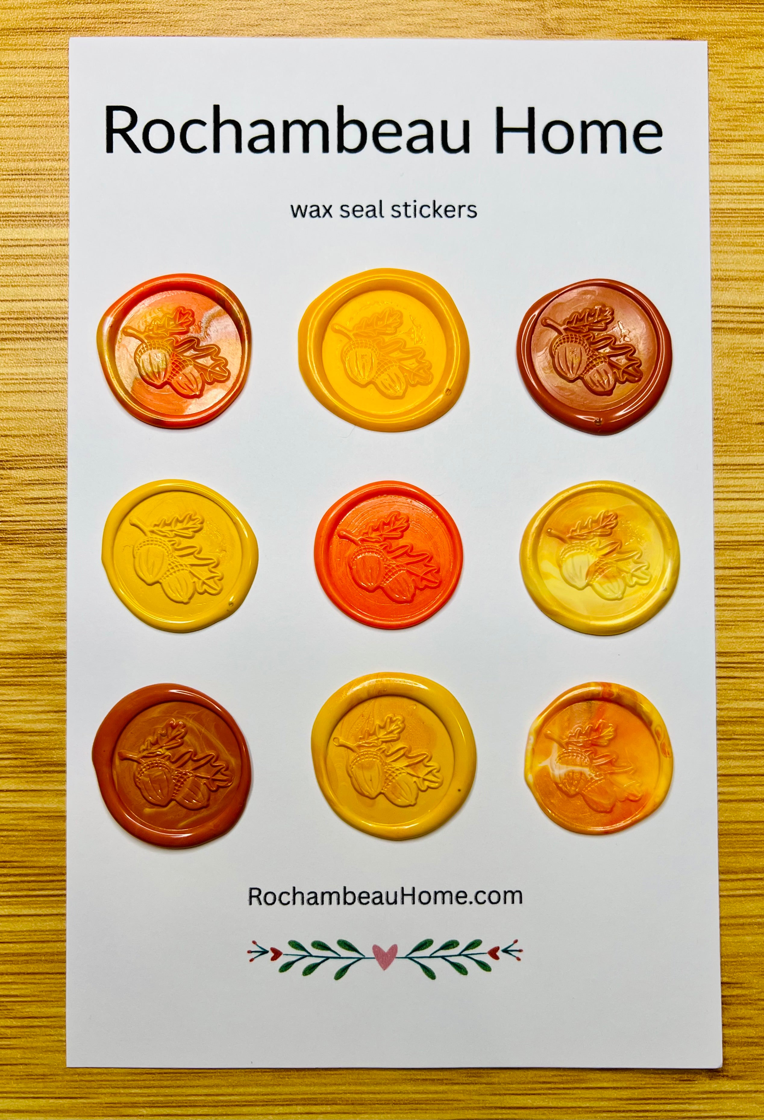 9 pack card of Golden Harvest Oak Leaf & Acorn Wax Seal Stickers with a combination of yellow and orange colors