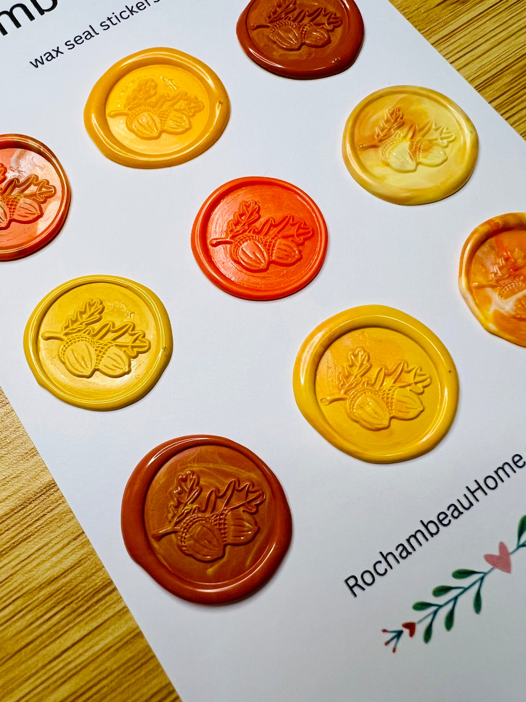 Side view image of the Golden Harvest Oak Leaf & Acorn Wax Seal Stickers