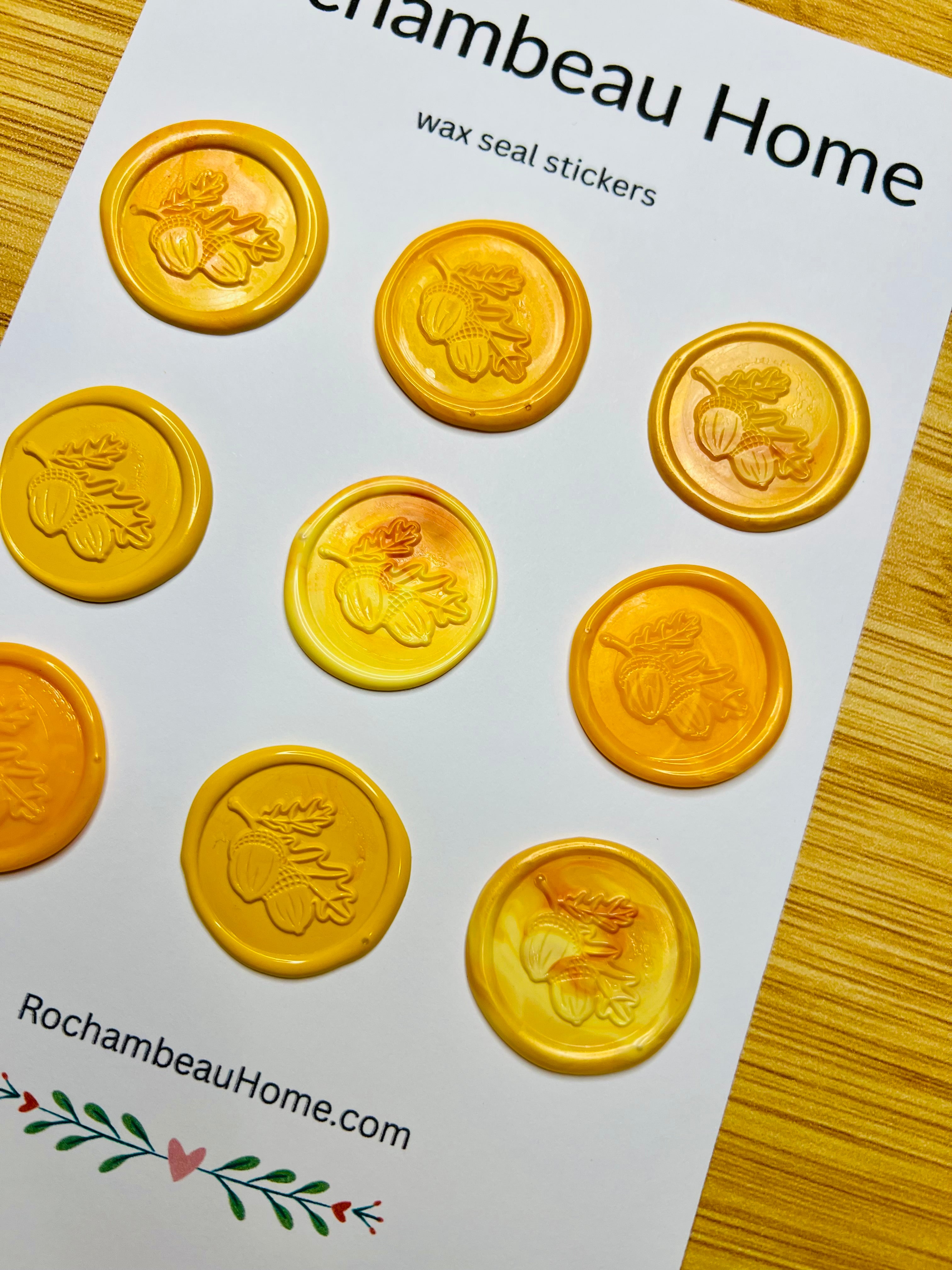 Golden Harvest Oak Leaf & Acorn Wax Seal Stickers in a yellow theme on a white Rochambeau Home display card
