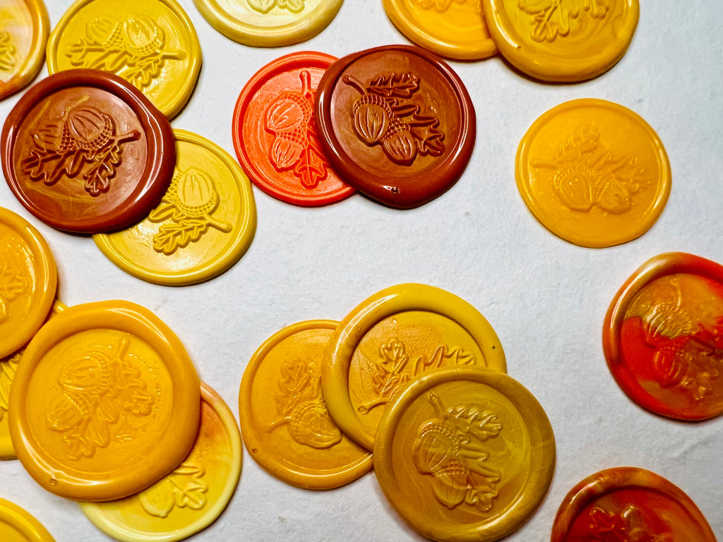 Oak leaf and Acorn wax seal stickers created by Rochambeau Home in a variety of fall colors