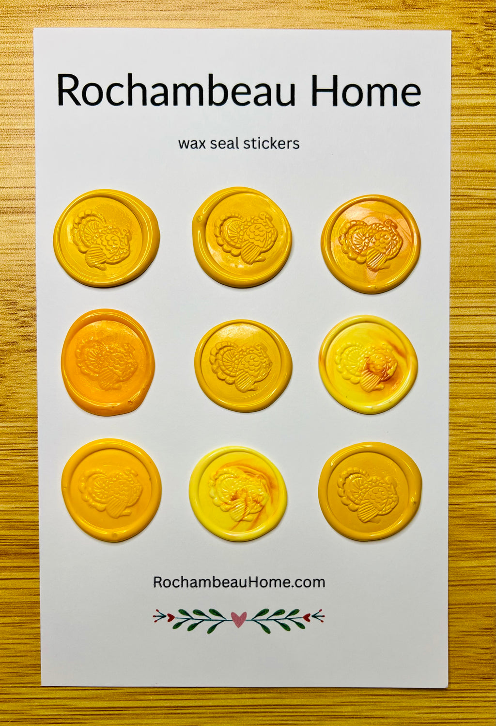 9 pack card of yellow Festive Turkey Wax Seal Stickers on a Rochambeau Home display card