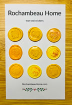 9 pack card of yellow Festive Turkey Wax Seal Stickers on a Rochambeau Home display card