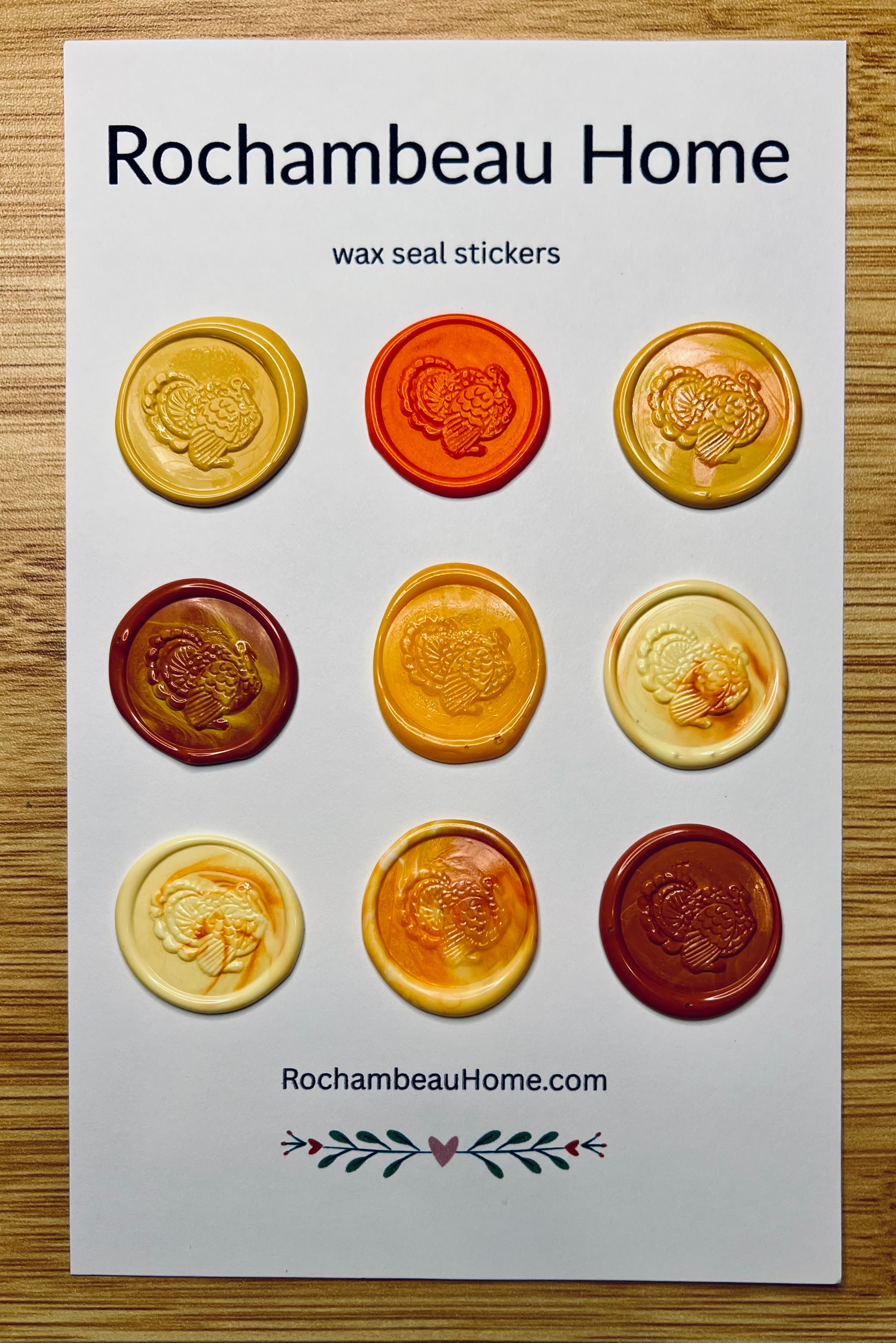 9 pack card of the Festive Turkey Wax Seal Stickers in a yellow and orange color combination 