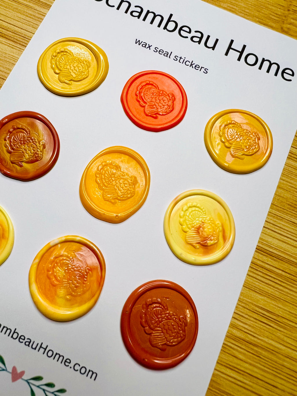 Side view of the embossed Festive Turkey Wax Seal Stickers in various fall colors