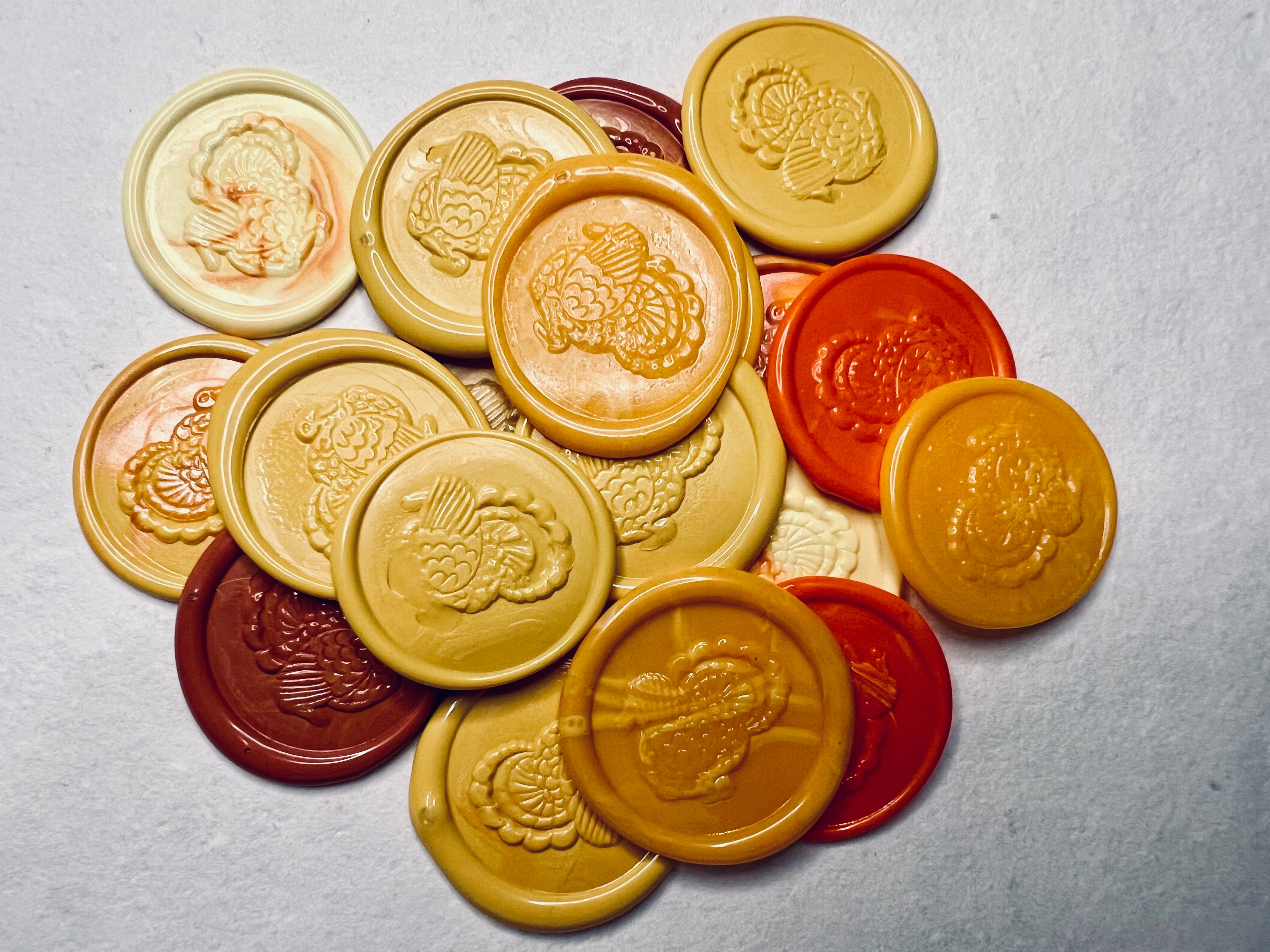 Close up image of the Festive Turkey Wax Seal Stickers in various fall colors