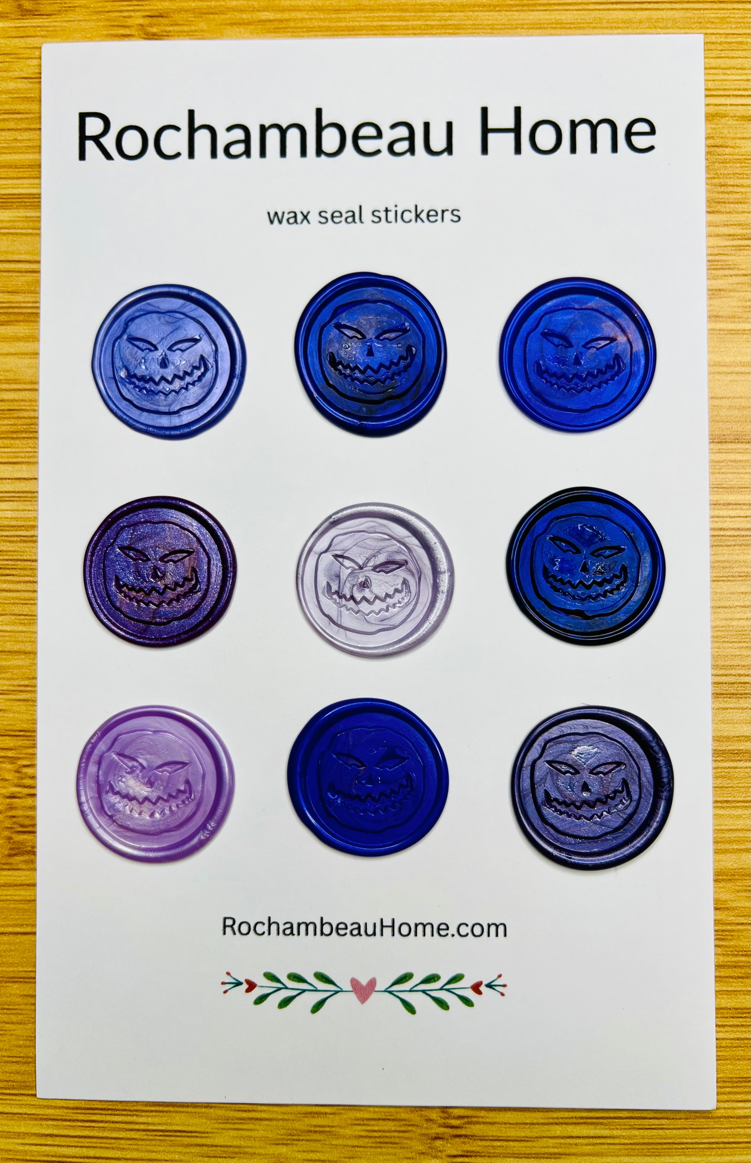 9 Pack Card of Angry Pumpkin wax seal stickers in a Purple Theme