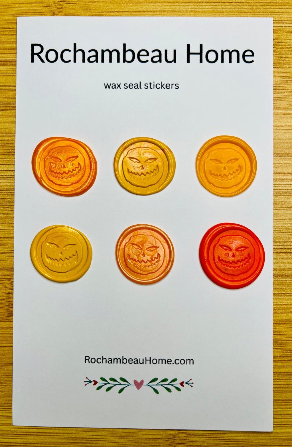 6 Pack Card of Angry Pumpkin wax seal stickers in an Orange & Yellow Combo Theme