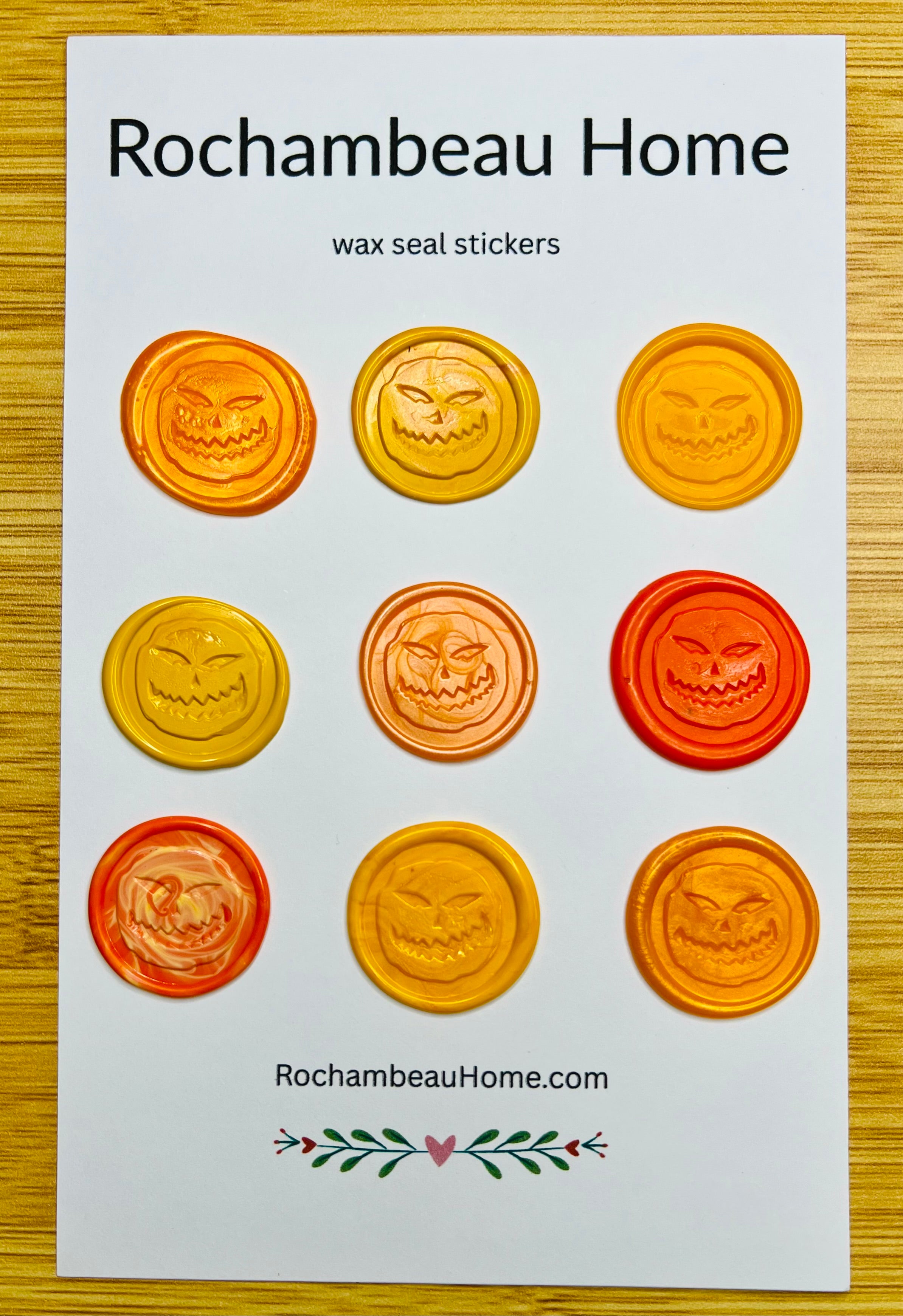 9 Pack Card of Angry Pumpkin wax seal stickers in a Orange & Yellow Combination Theme