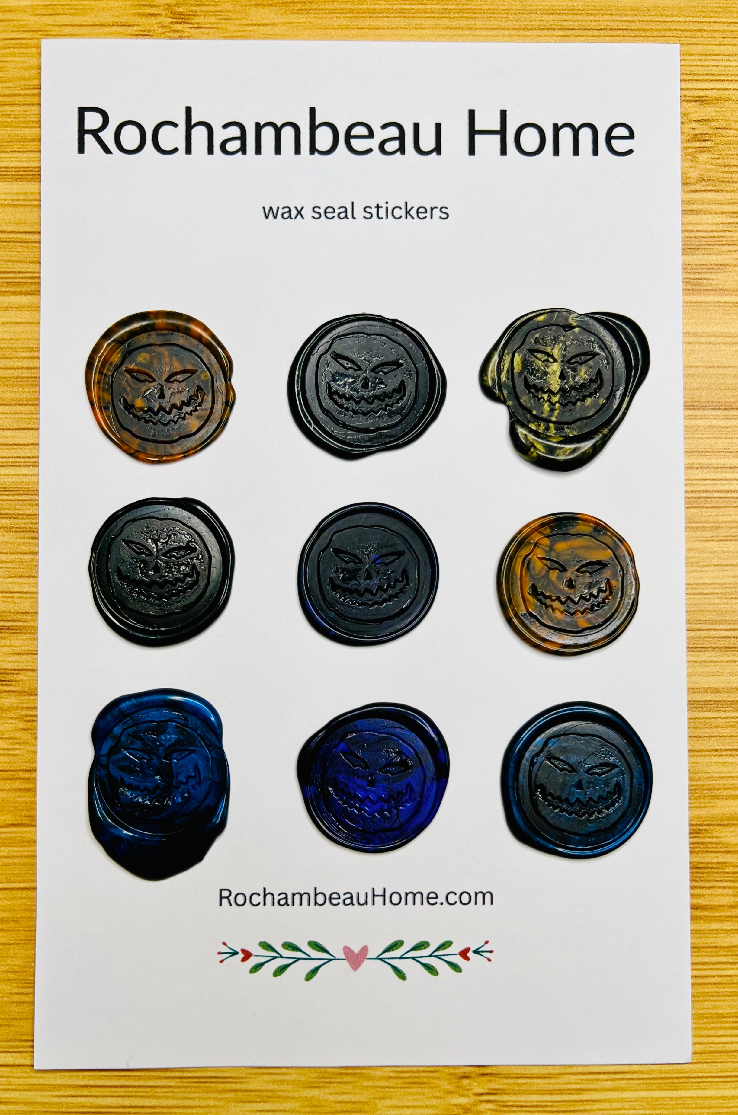 9 Pack Card of Angry Pumpkin wax seal stickers in a Black Color Combination Theme