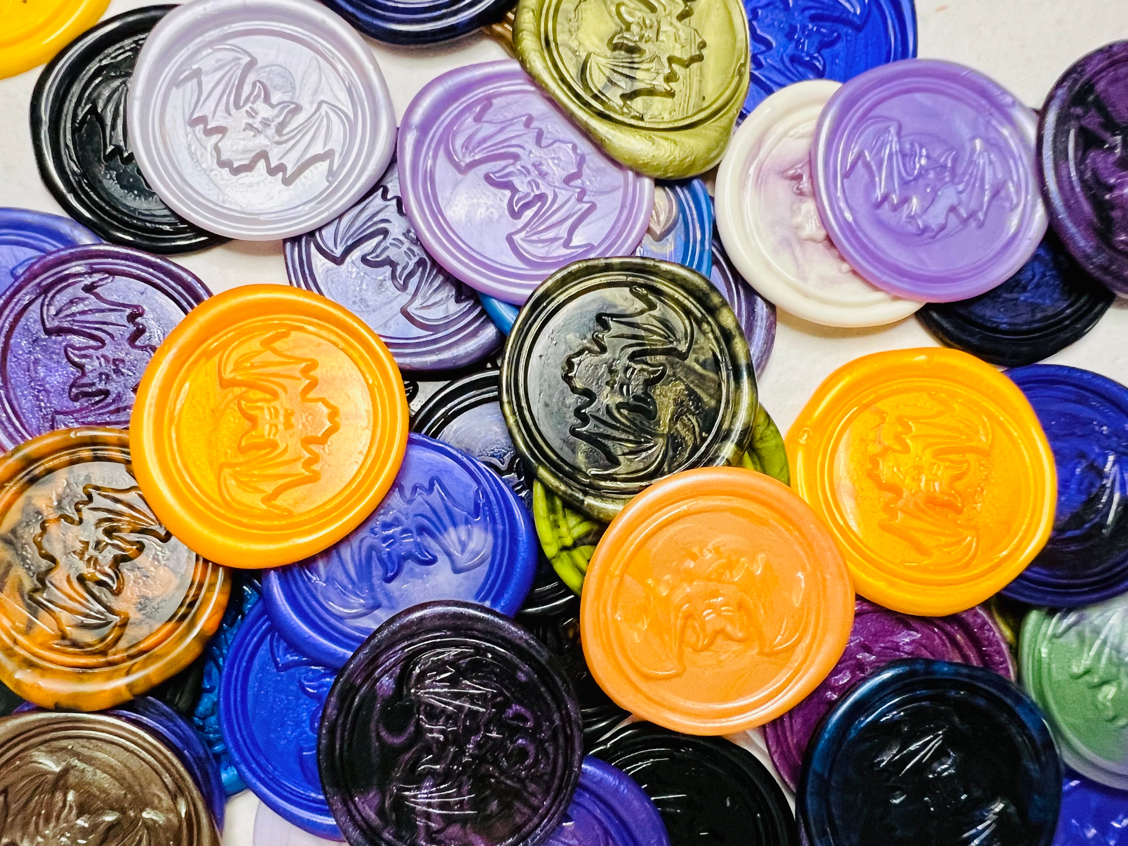 Assorted colorful Spooky Bat Wax Seal Stickers - perfect way to personalize Halloween Party Invitations