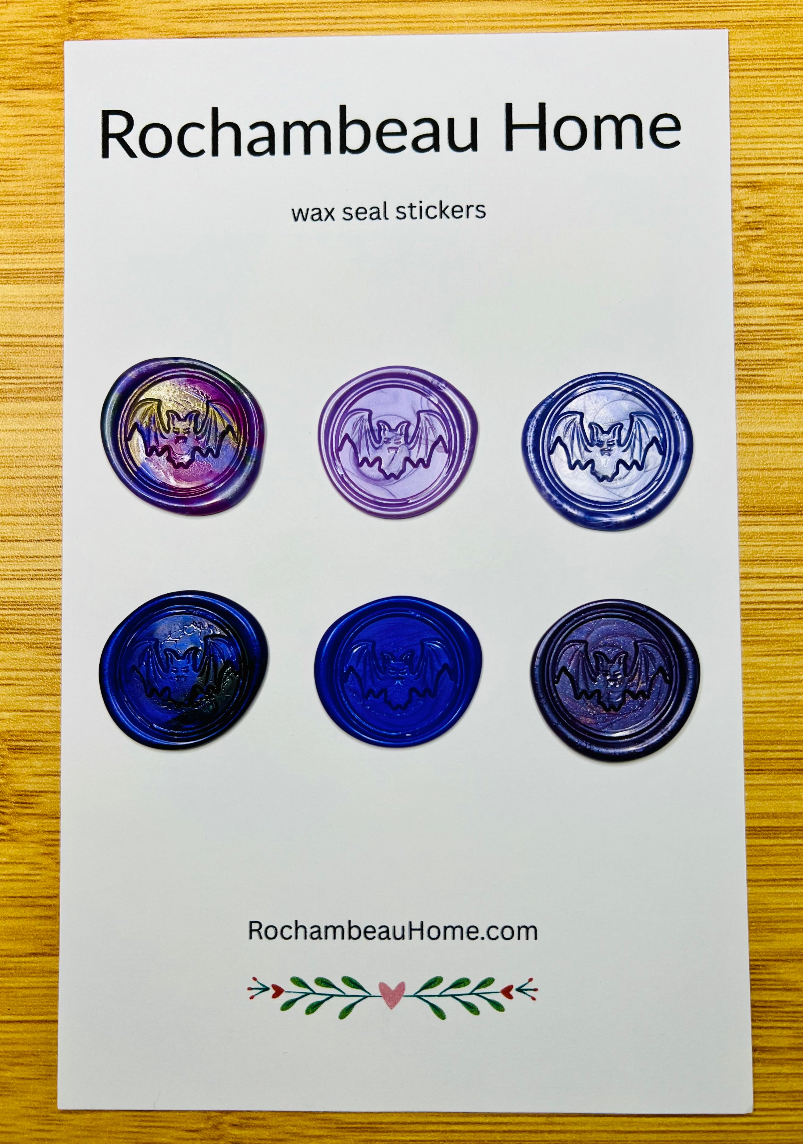 6 Pack Card of Spooky Bat Wax Seal Stickers in a Purple Theme