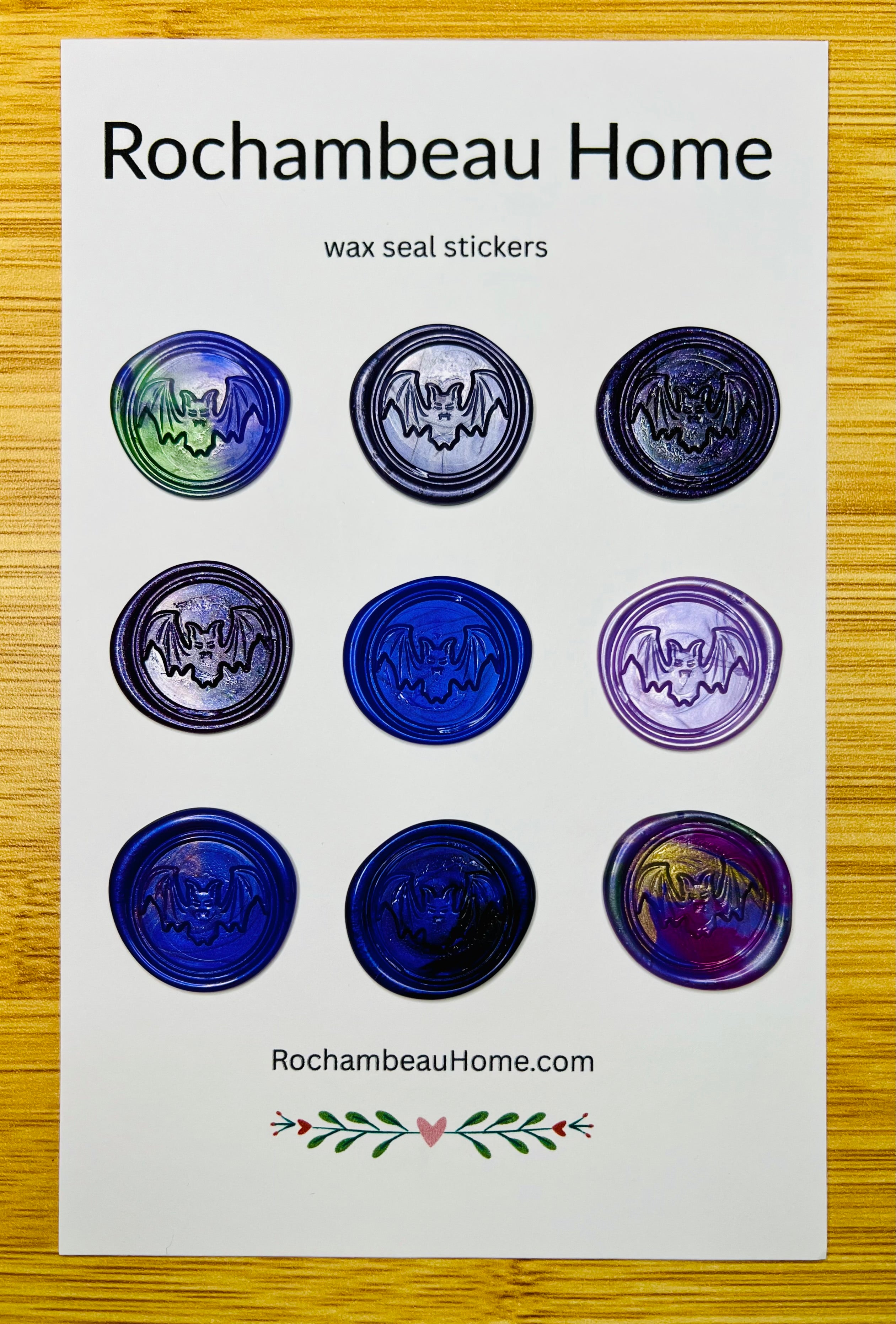 9 Pack Card of Spooky Bat Wax Seal Stickers in a Purple Theme
