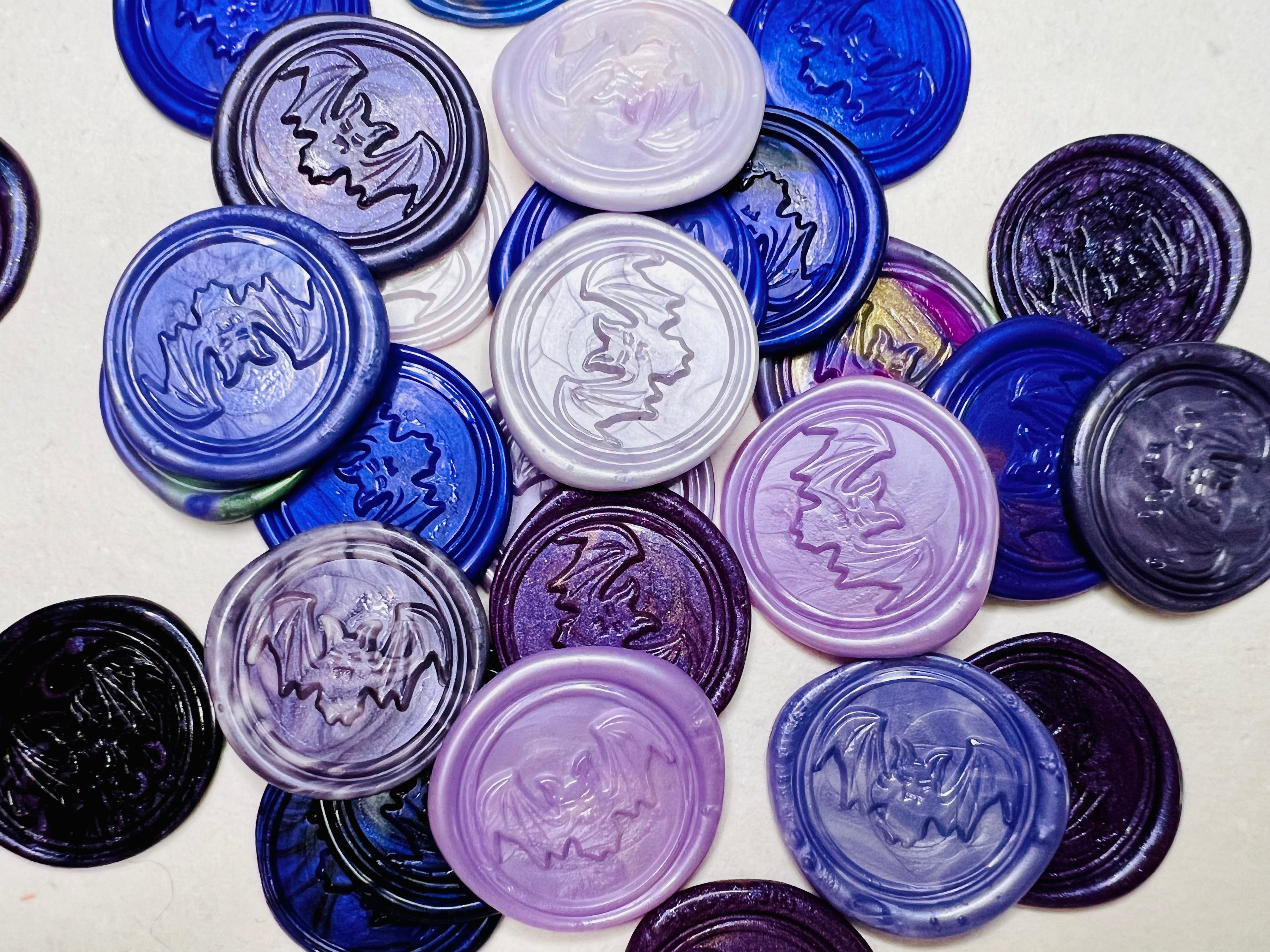 Close up view of the Spooky Bat Wax Seal Stickers in a Purple Theme 