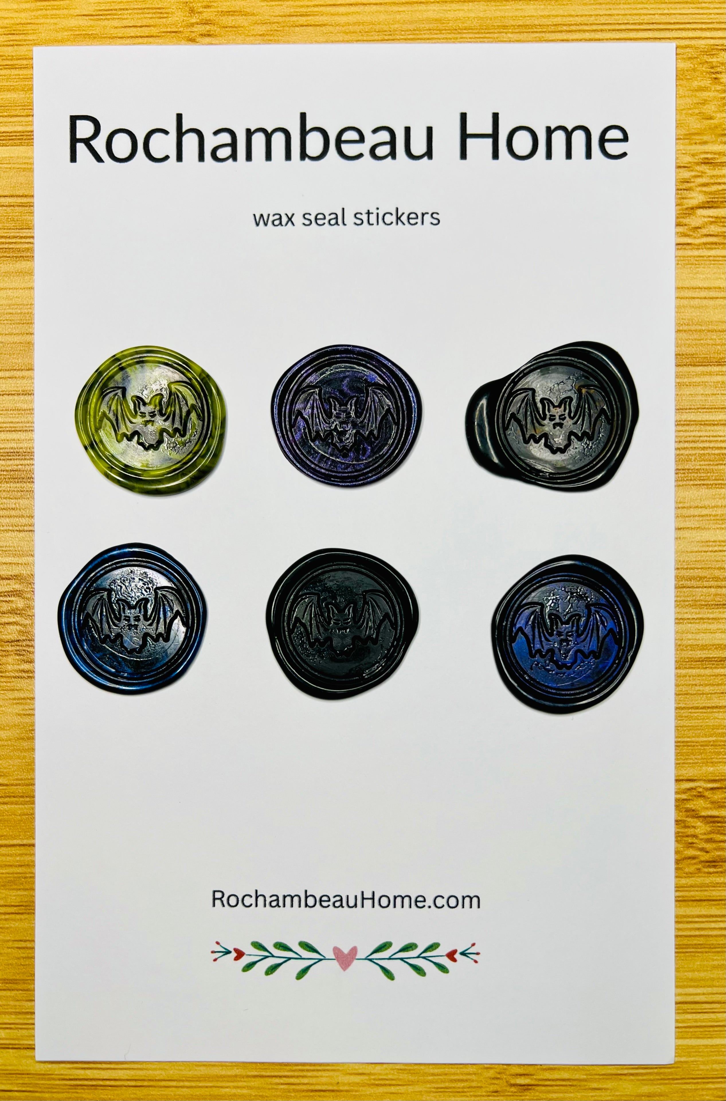 6 Pack Card of Spooky Bat Wax Seal Stickers in a Black & Color Combination Theme