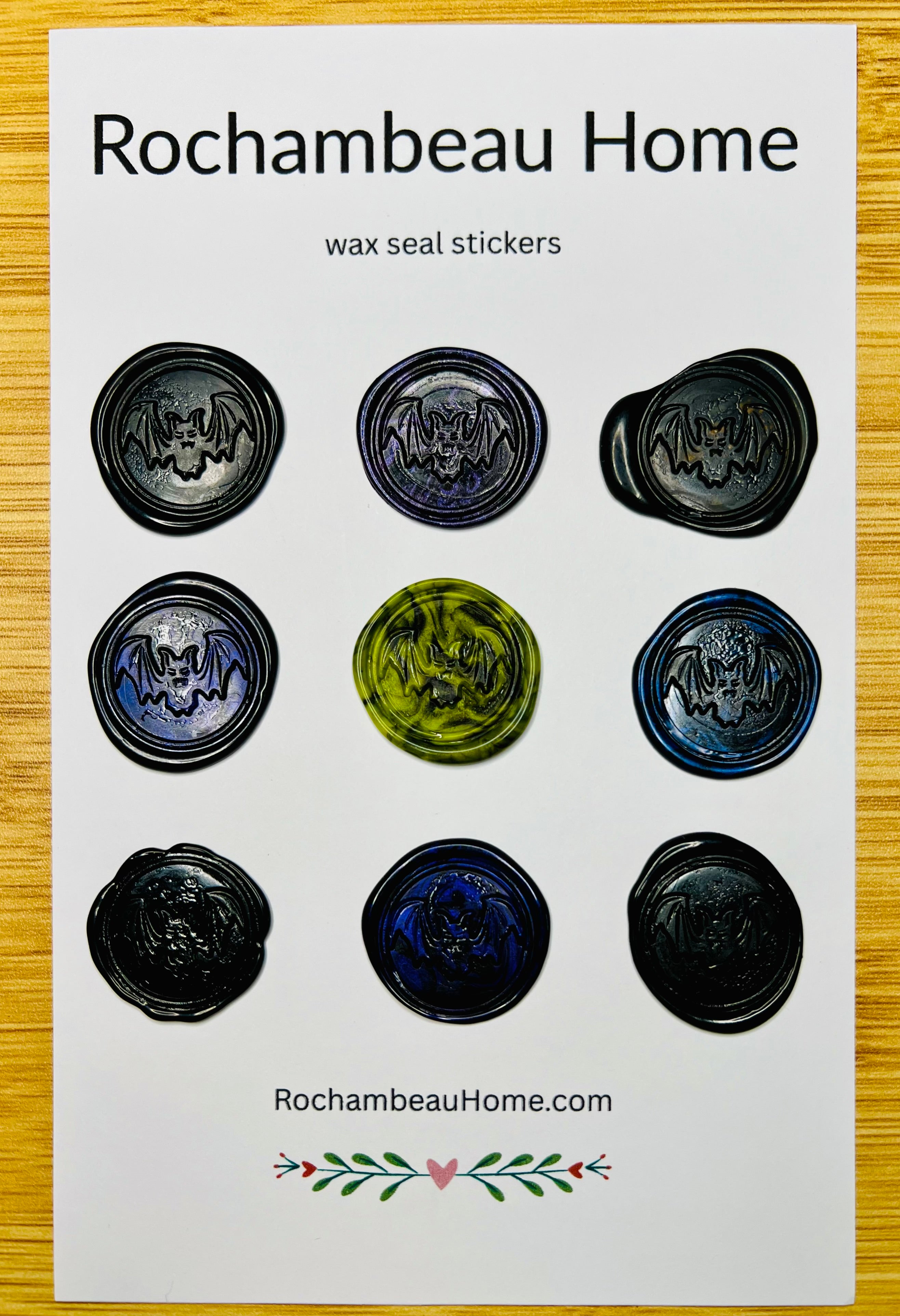 9 Pack Card of Spooky Bat Wax Seal Stickers in a Black & Color Combination Theme