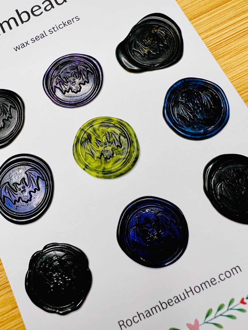 Fun Bat embossed wax seal stickers on a sheet 'Rochambeau Home' display card