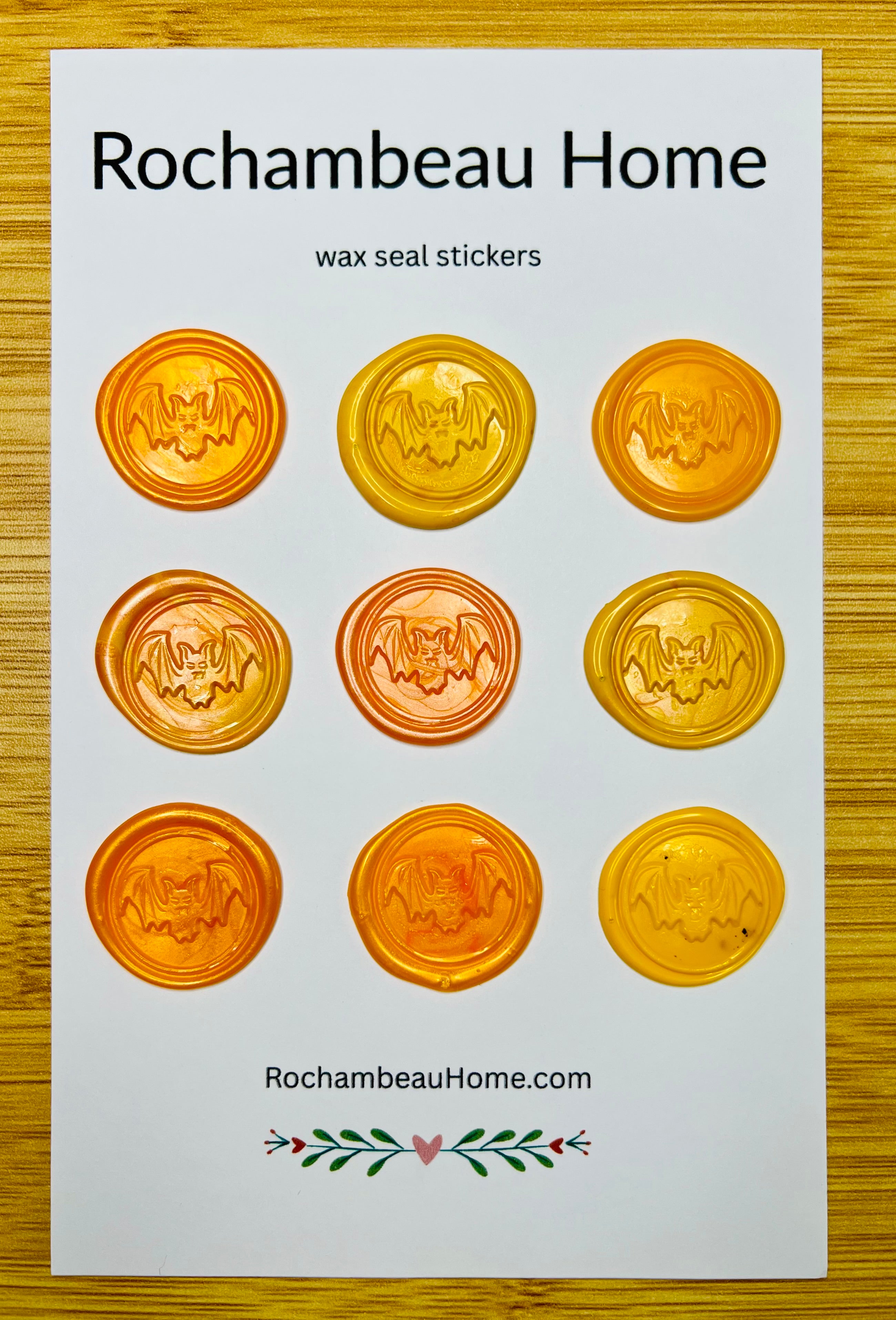 9 Pack Card of Spooky Bat Wax Seal Stickers in a Yellow & Orange Theme