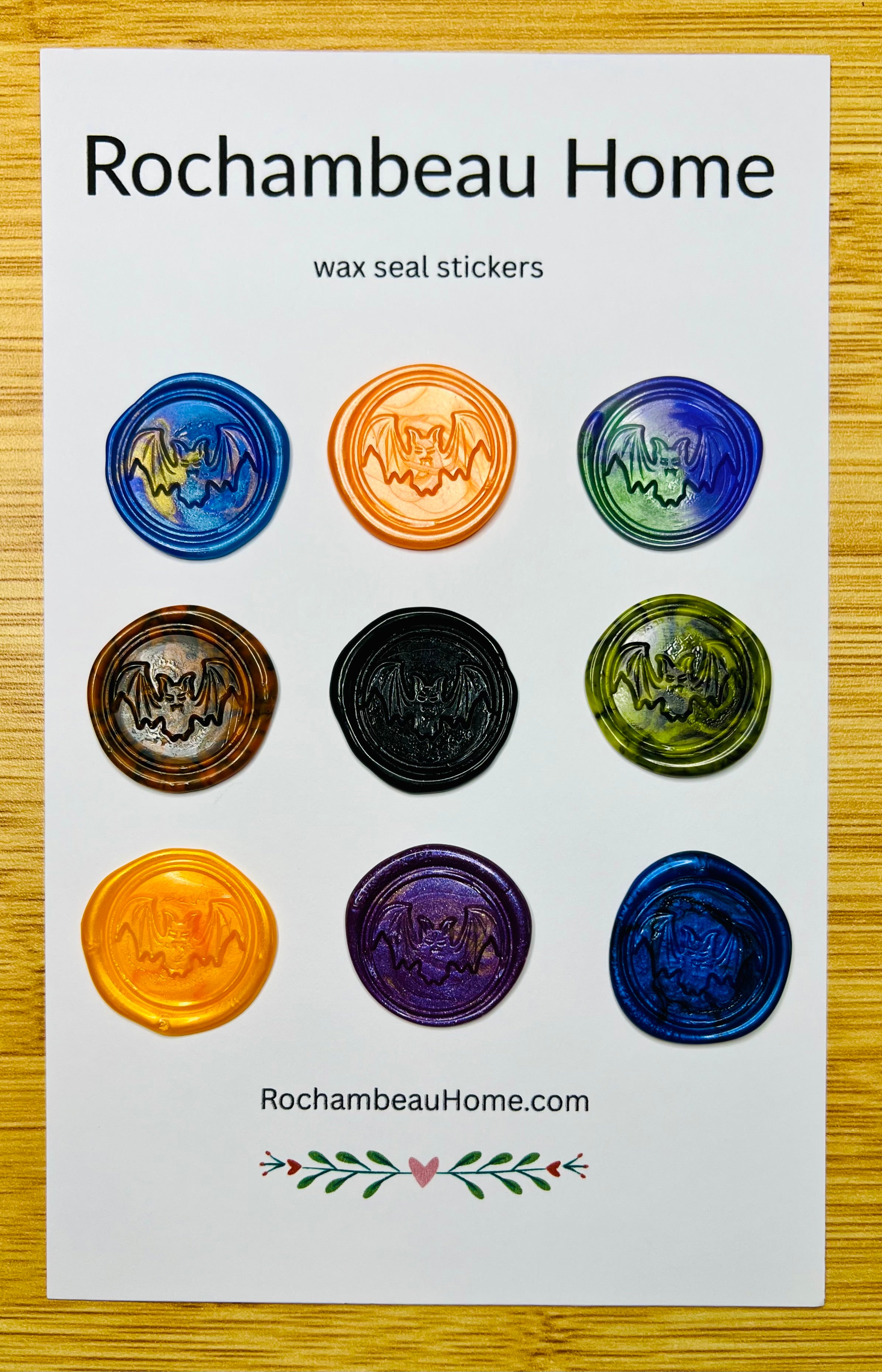 9 Pack Card of Spooky Bat Wax Seal Stickers in a Multicolor Theme