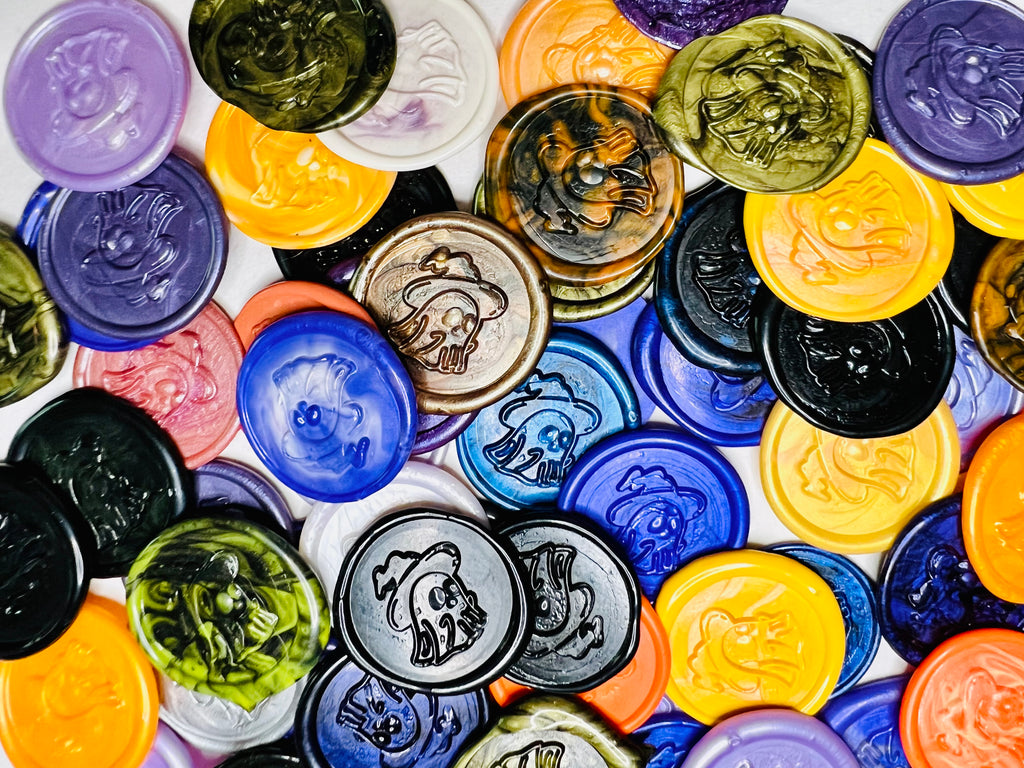 Close up view of the 6 Pack Card of the Spooky Ghost Wax Seal Stickers in a various colors
