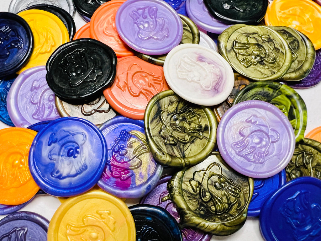 Spooky Ghost Wax Seal Stickers in various color on a white background