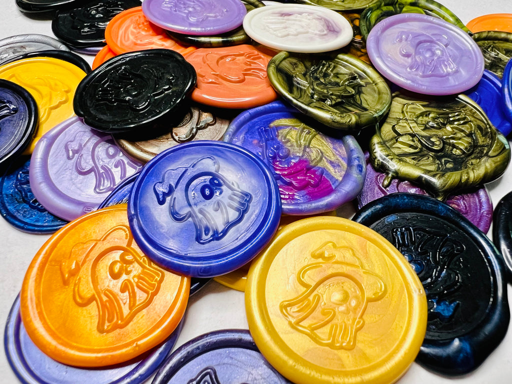 Colorful Spooky Ghost Wax Seal Stickers to add to your Halloween Party Invitations