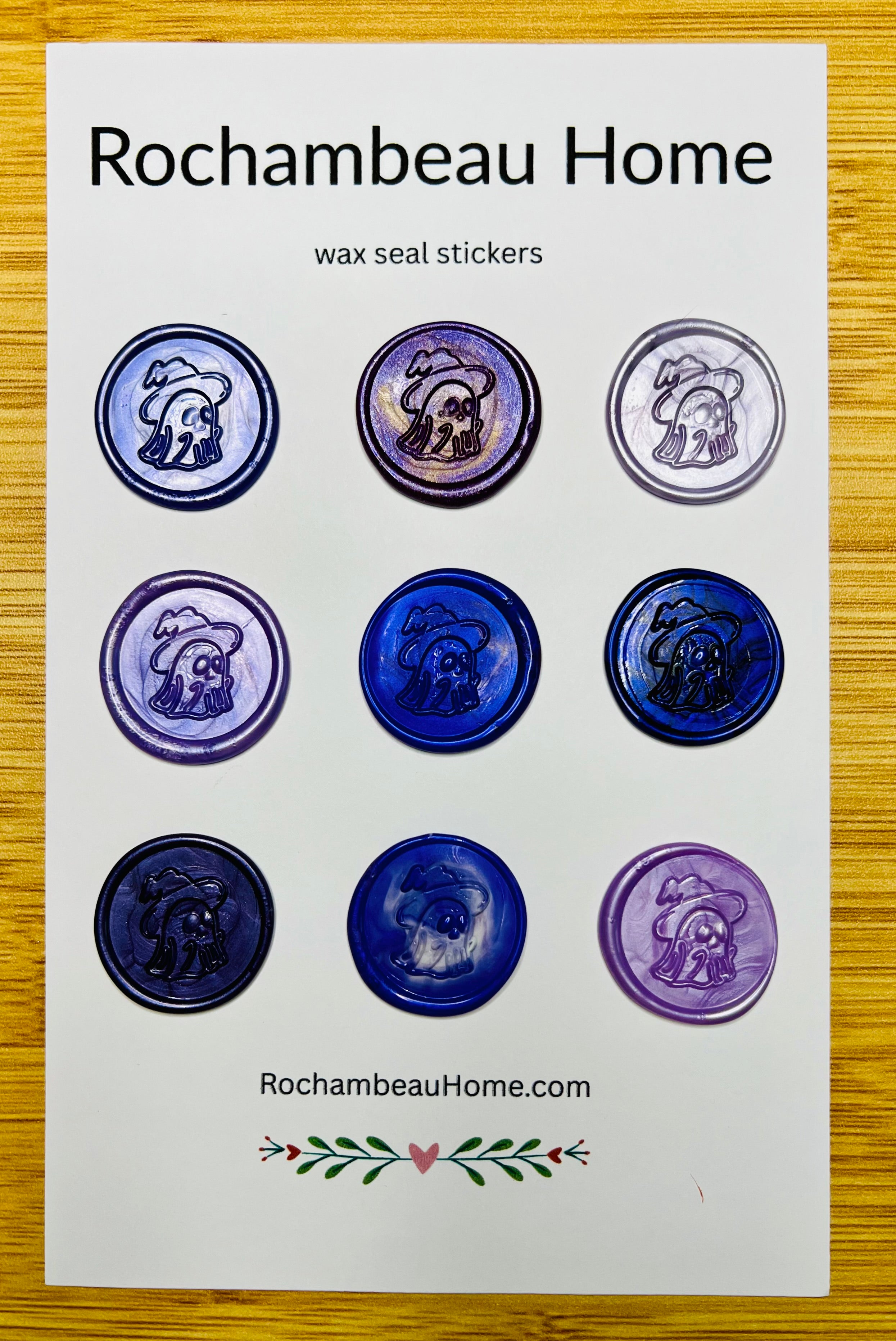 9 Pack Card of the Spooky Ghost Wax Seal Stickers in a Purple Theme