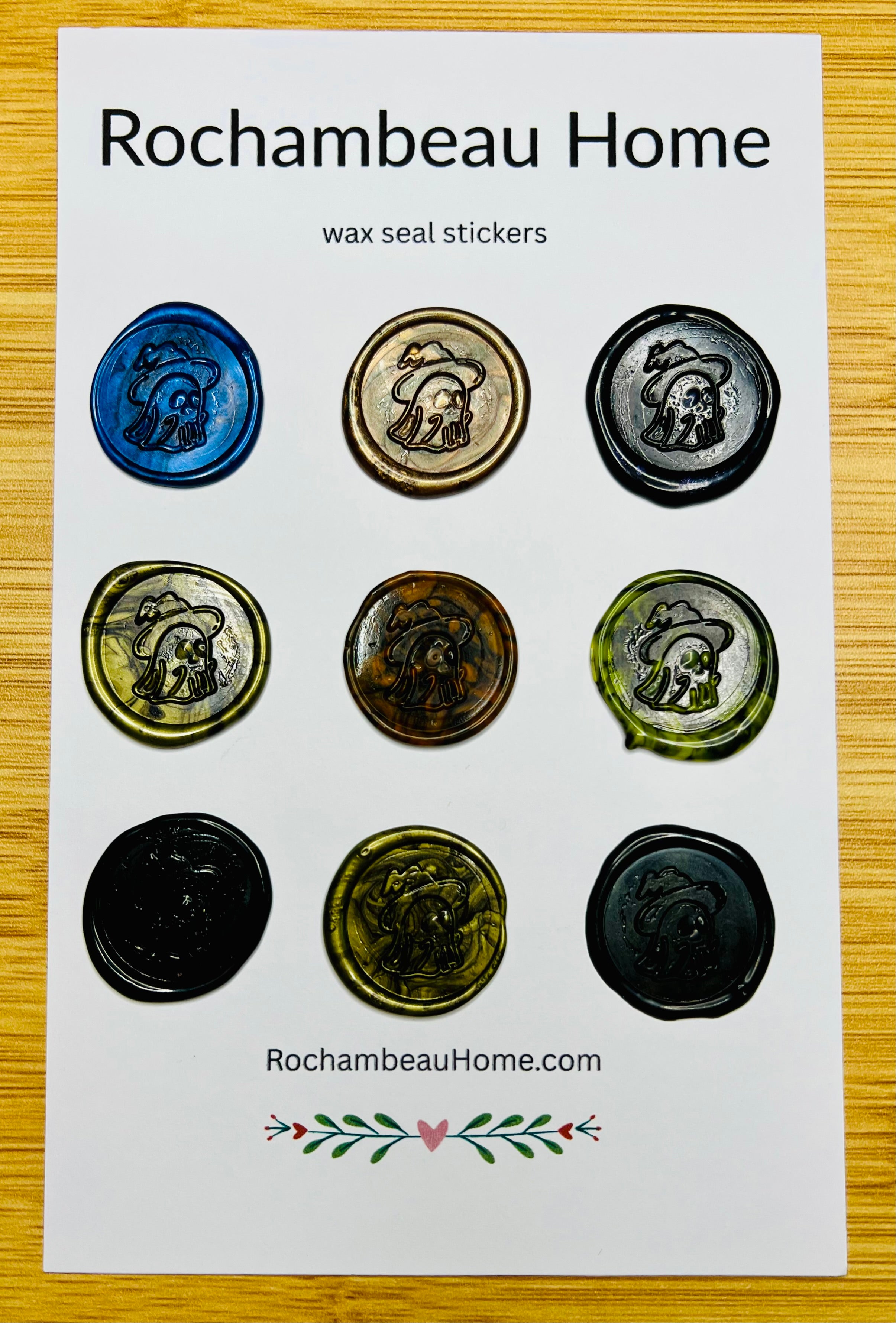 9 Pack Card of the Spooky Ghost Wax Seal Stickers in a Black & Color Combination Theme