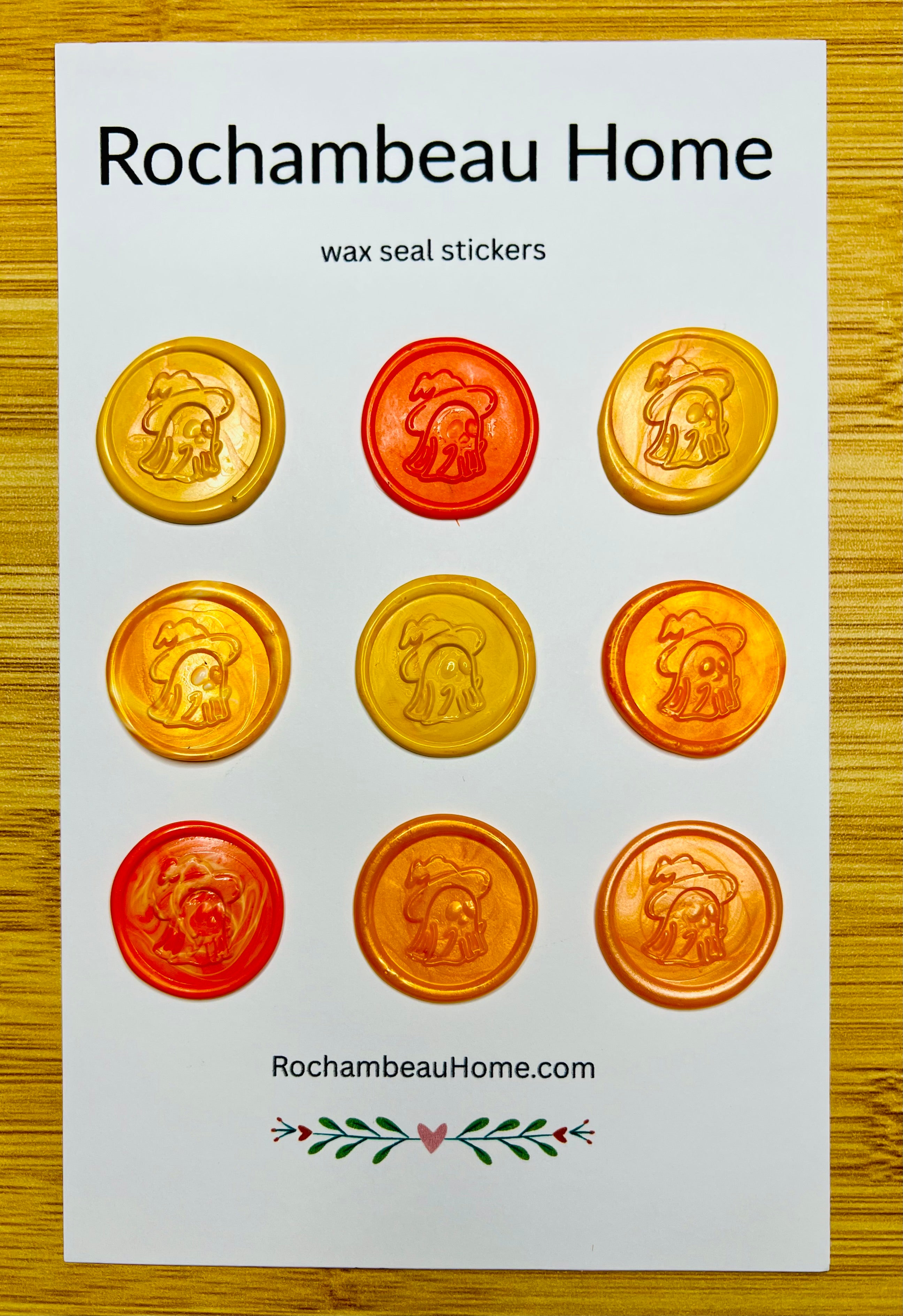 9 Pack Card of the Spooky Ghost Wax Seal Stickers in the Yellow & Orange Theme