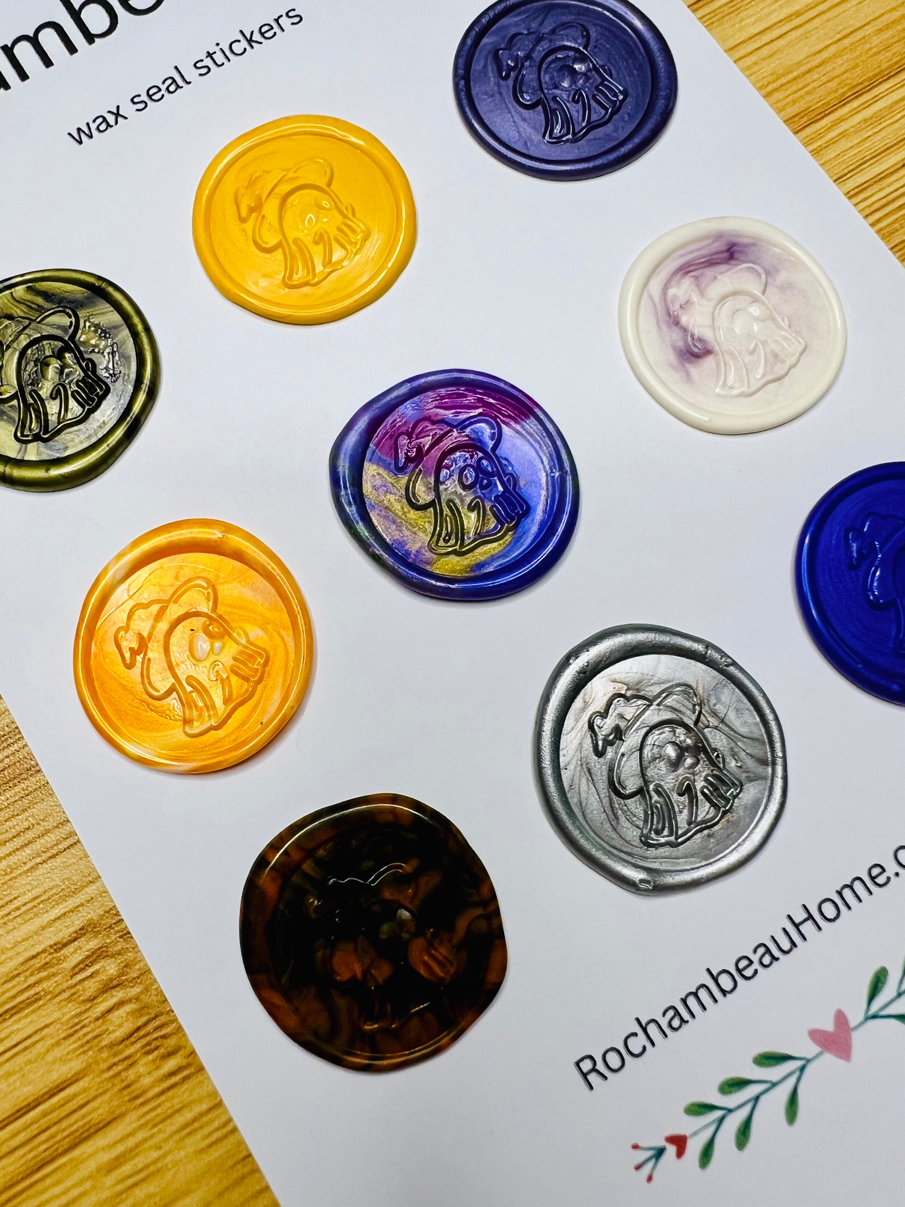 Side view of a 9 Pack Card of 6 Pack Card of the Spooky Ghost Wax Seal Stickers on a Rochambeau Home display card