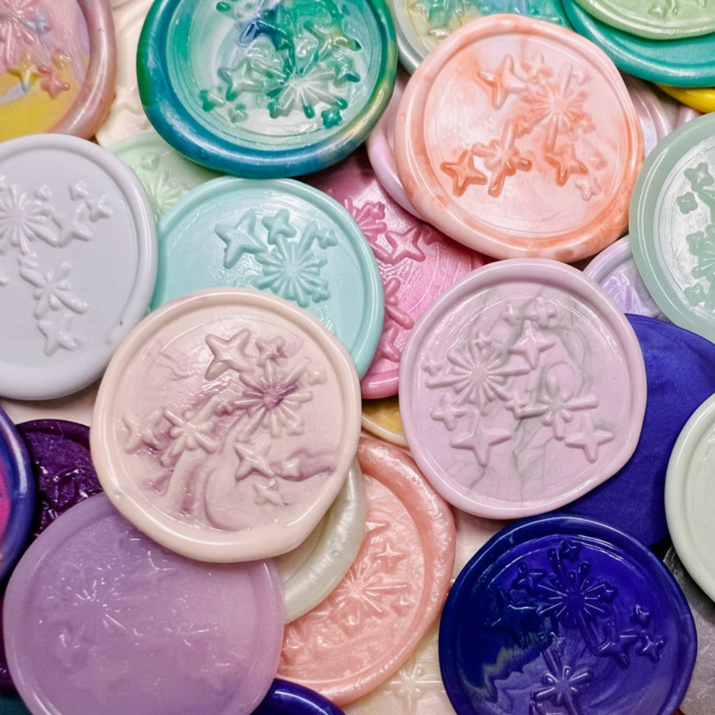 Assortment of 6 Pack Card of the Bright Star Constellation Wax Seal Stickers on top of natural handmade paper