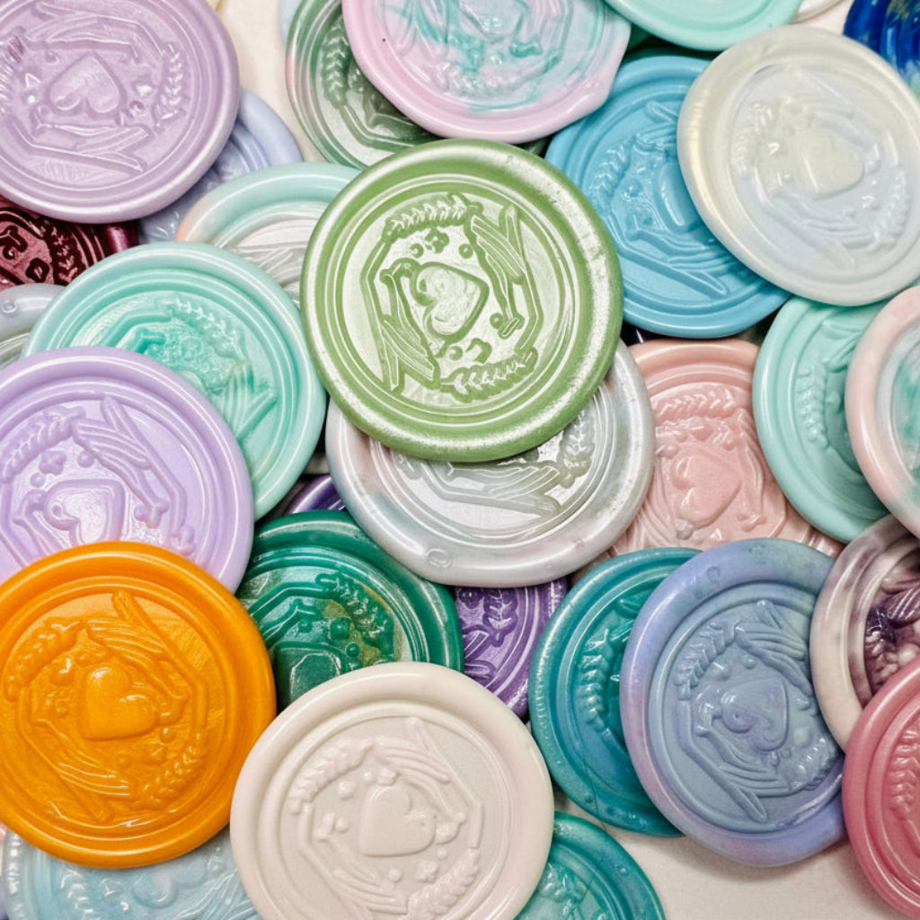 Close up view of the Heart & Hand Wax Seal Stickers in various colors