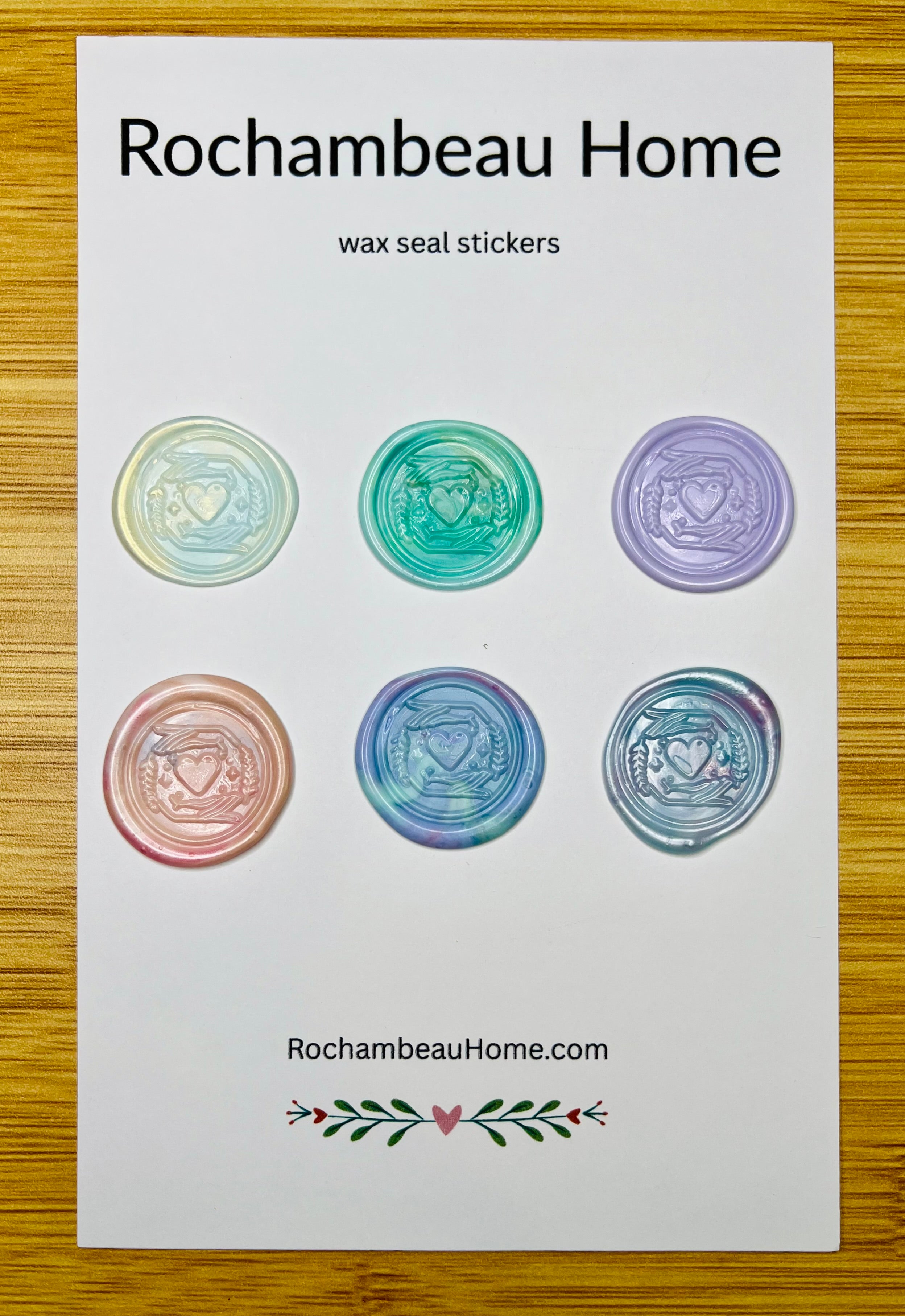 6 Pack Card of the Heart & Hand Wax Seal Stickers in various colors