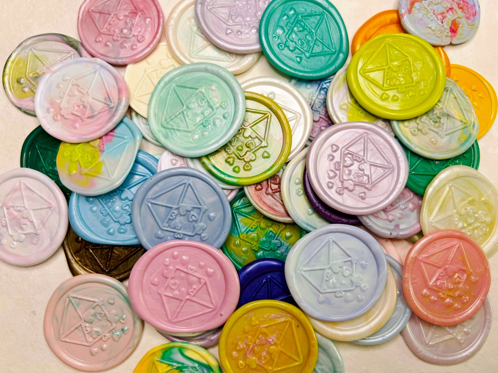 Close up view of the Big Heart Envelope Wax Seal Stickers in vibrant & fun colors