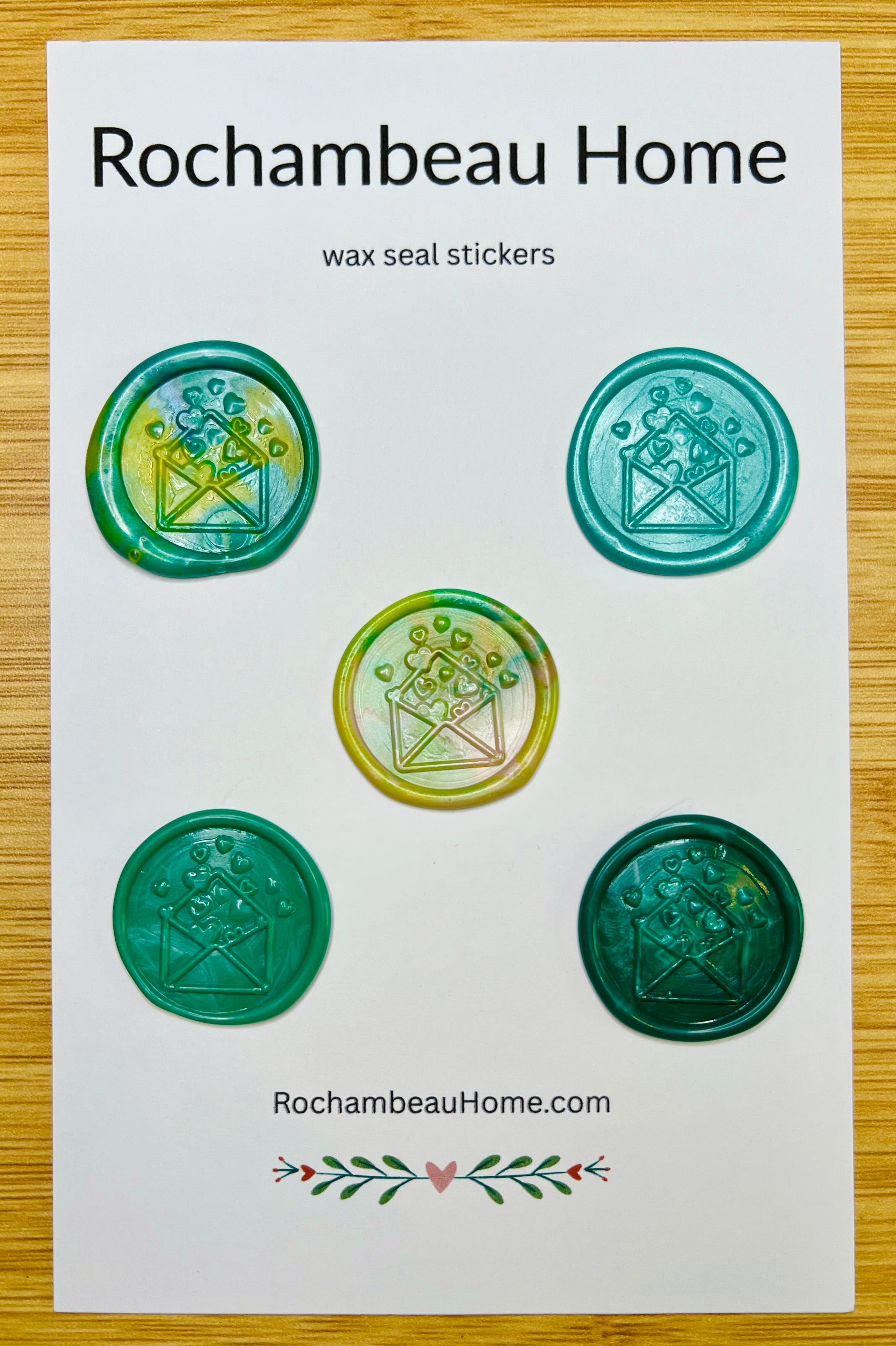 Big Heart Envelope Wax Seal Stickers in a green Theme