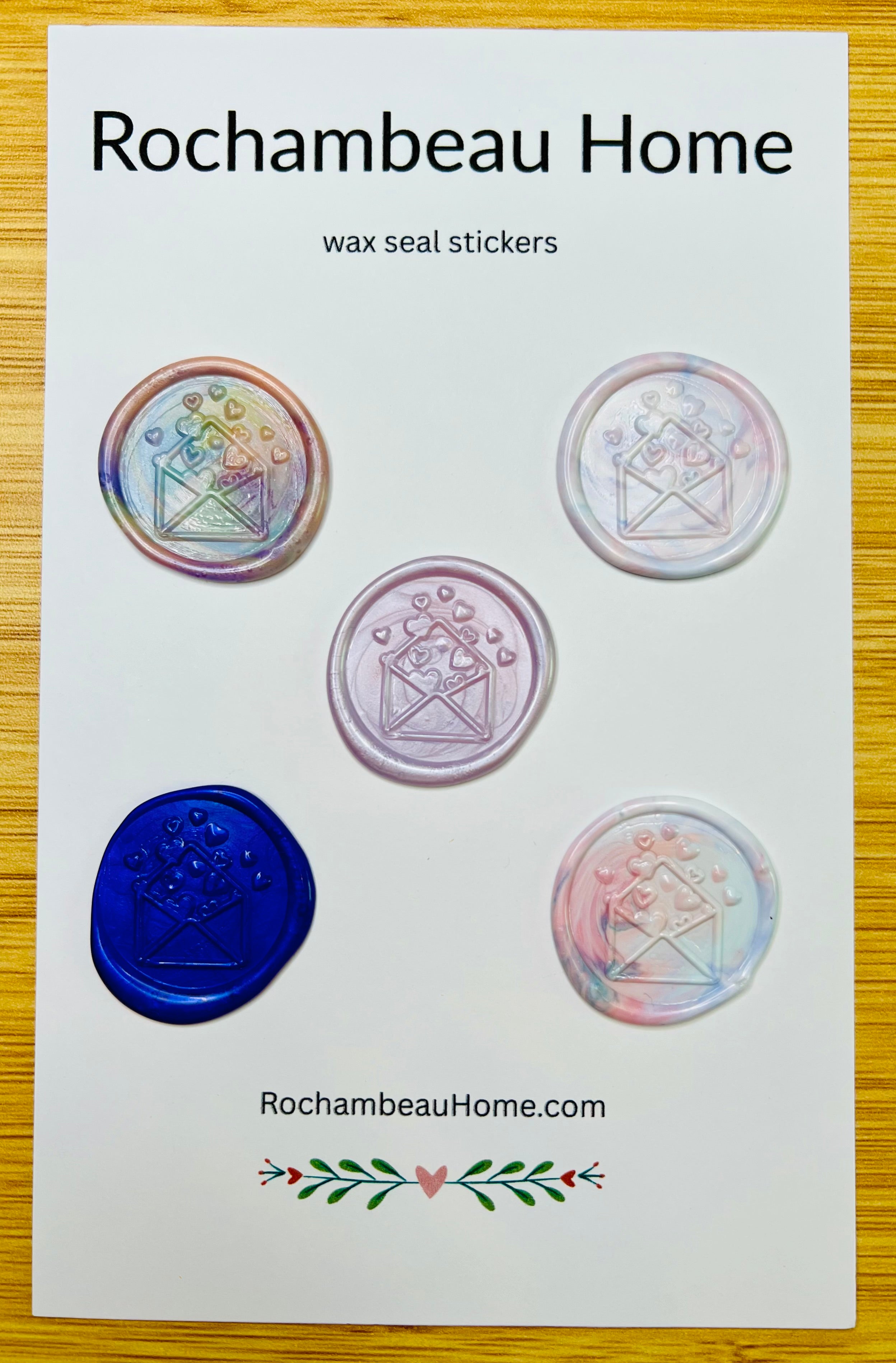 Big Heart Envelope Wax Seal Stickers in a Multicolor Theme of pink, gold, and blue wax