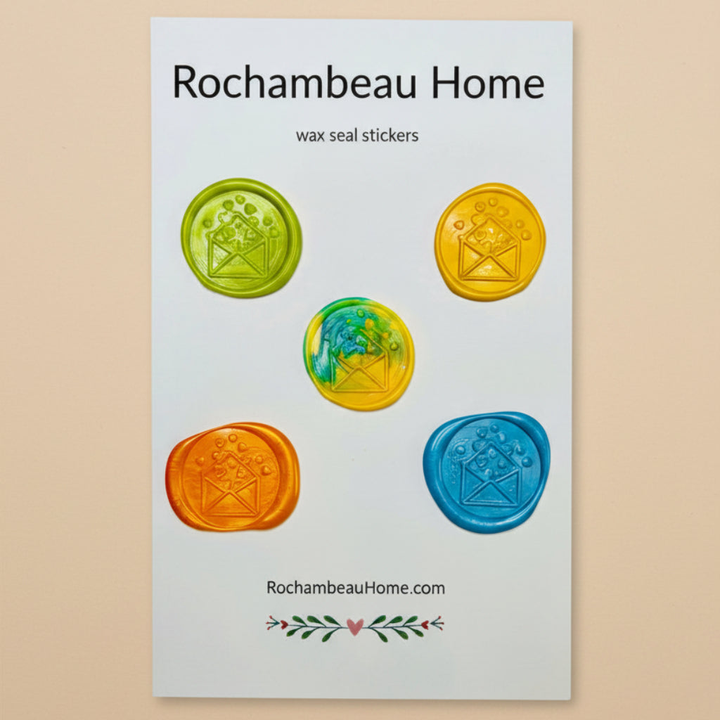 Big Heart Envelope Wax Seal Stickers created by Rochambeau Home in a vibrant Multicolor Theme of yellows, oranges and green wax colors