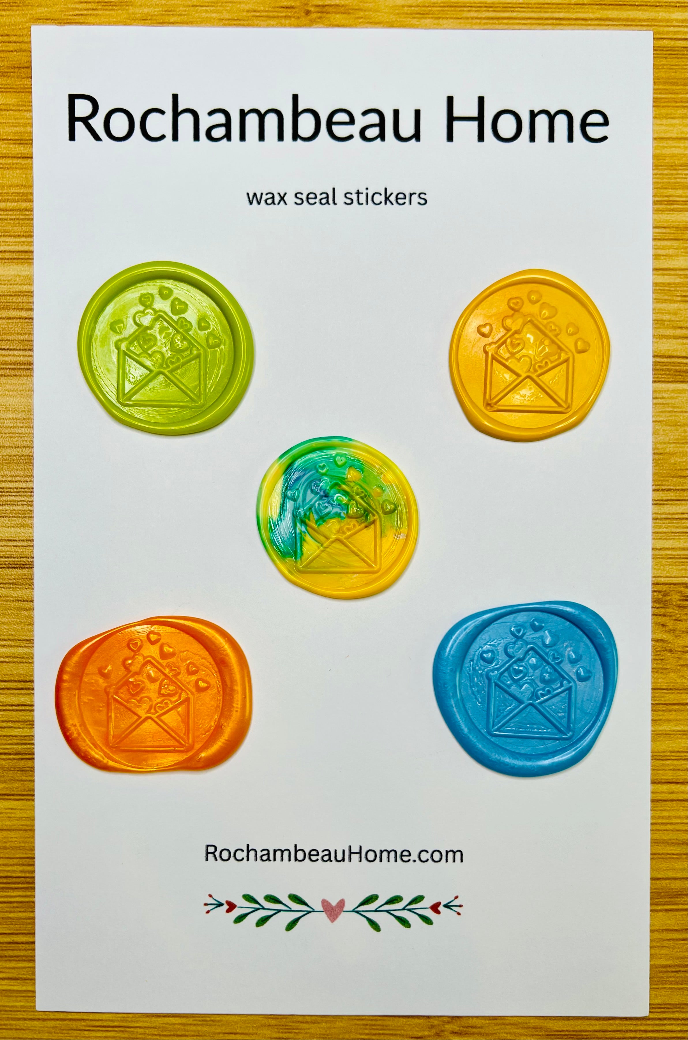 Big Heart Envelope Wax Seal Stickers in a vibrant Multicolor Theme of yellows, oranges and green wax colors