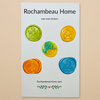 Big Heart Envelope Wax Seal Stickers created by Rochambeau Home in a vibrant Multicolor Theme of yellows, oranges and green wax colors