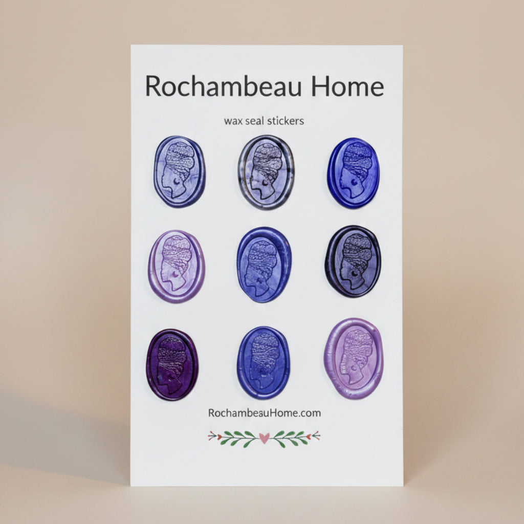 9 Pack Card of the Heritage Headwrap Wax Seal Stickers created by Rochambeau Home in a Purple Theme
