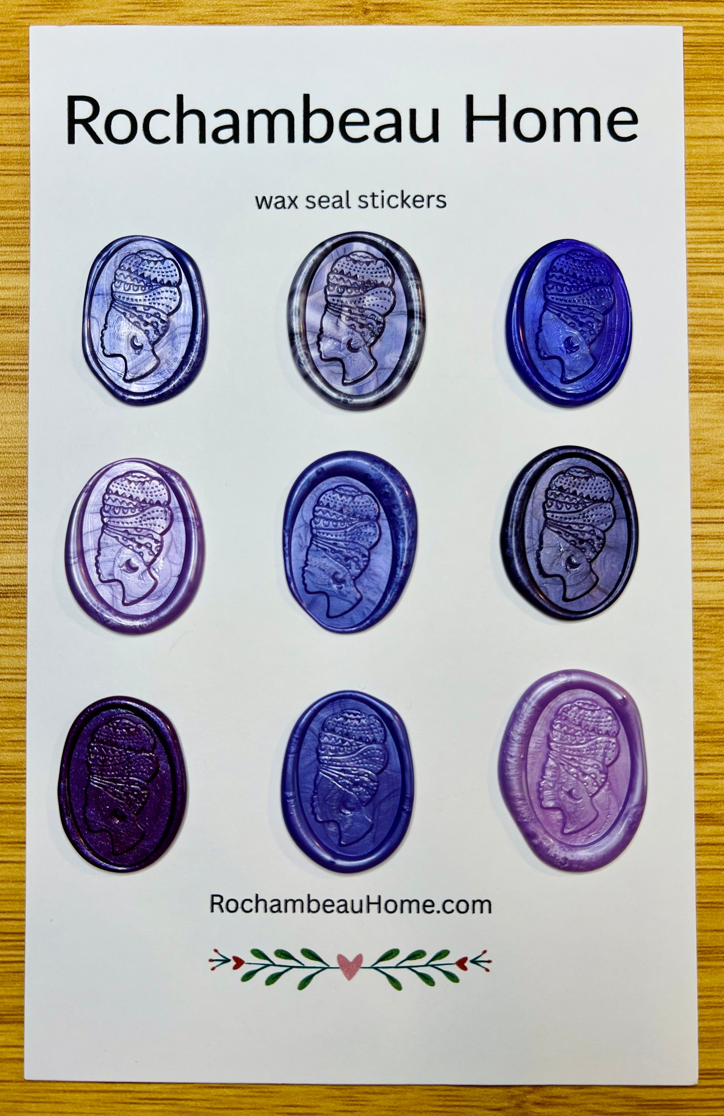 9 Pack Card of the Heritage Headwrap Wax Seal Stickers in a Purple Theme